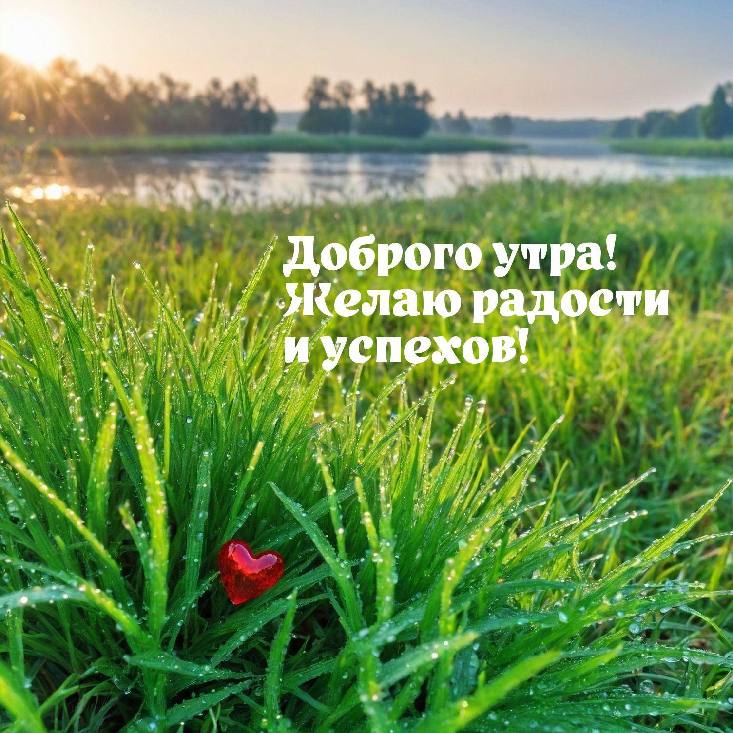 Утро, alt,Зелёный луг с росой и красным сердечком на траве