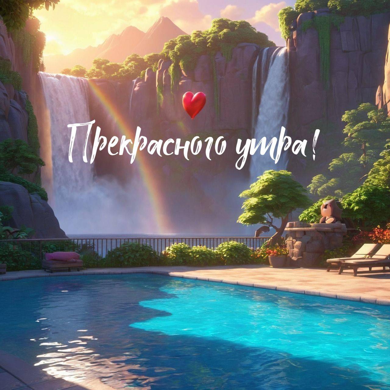 Утро, бассейн с водопадами и радугой, шезлонги, сердце, статуя панды