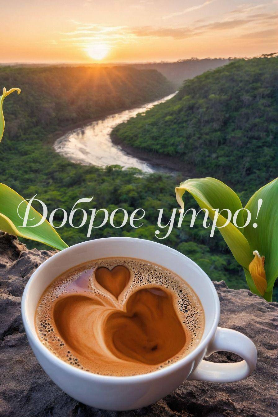 Утро, белая чашка кофе с пенкой в форме сердца