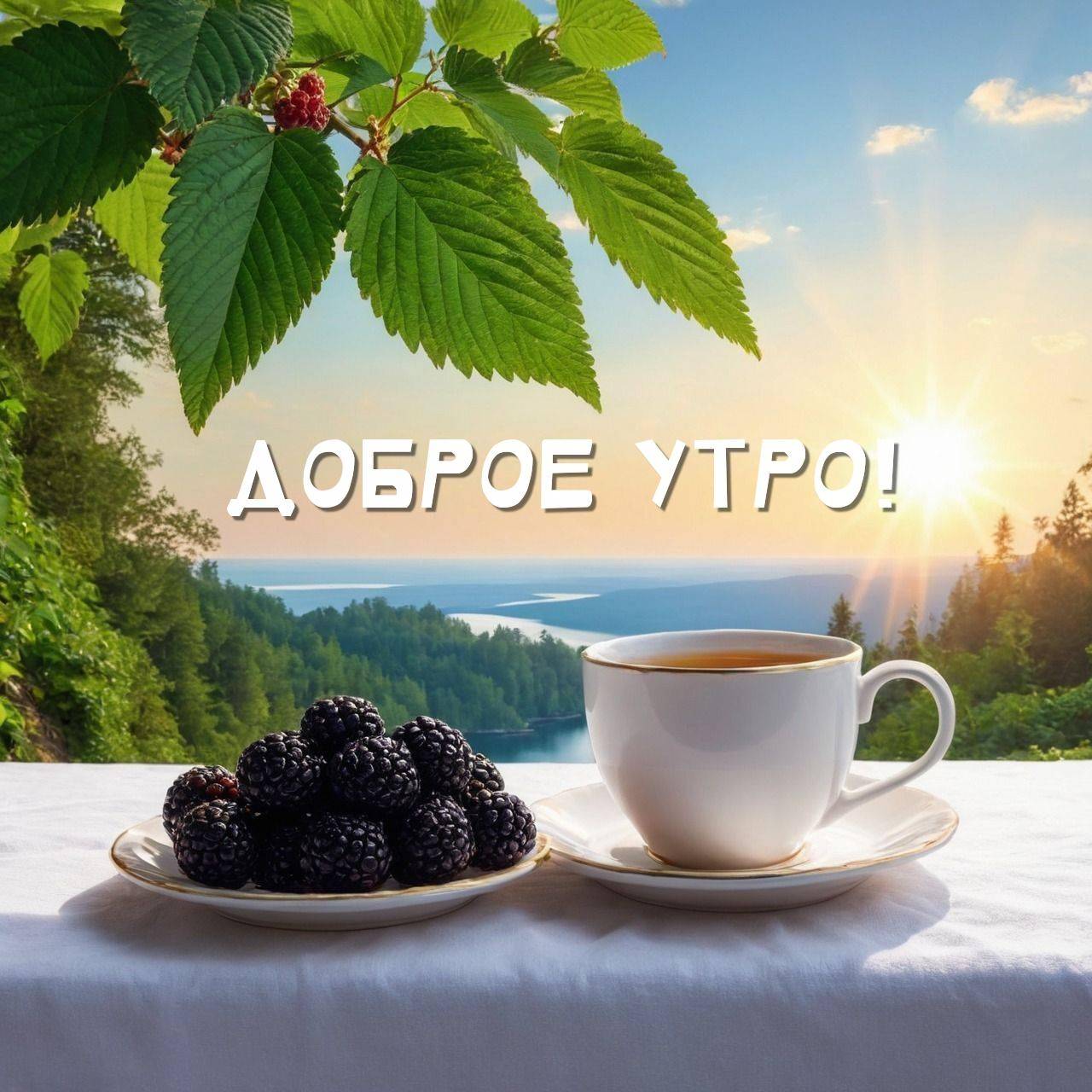 Утро, белая чашка с чаем и тарелка с ежевикой на фоне леса