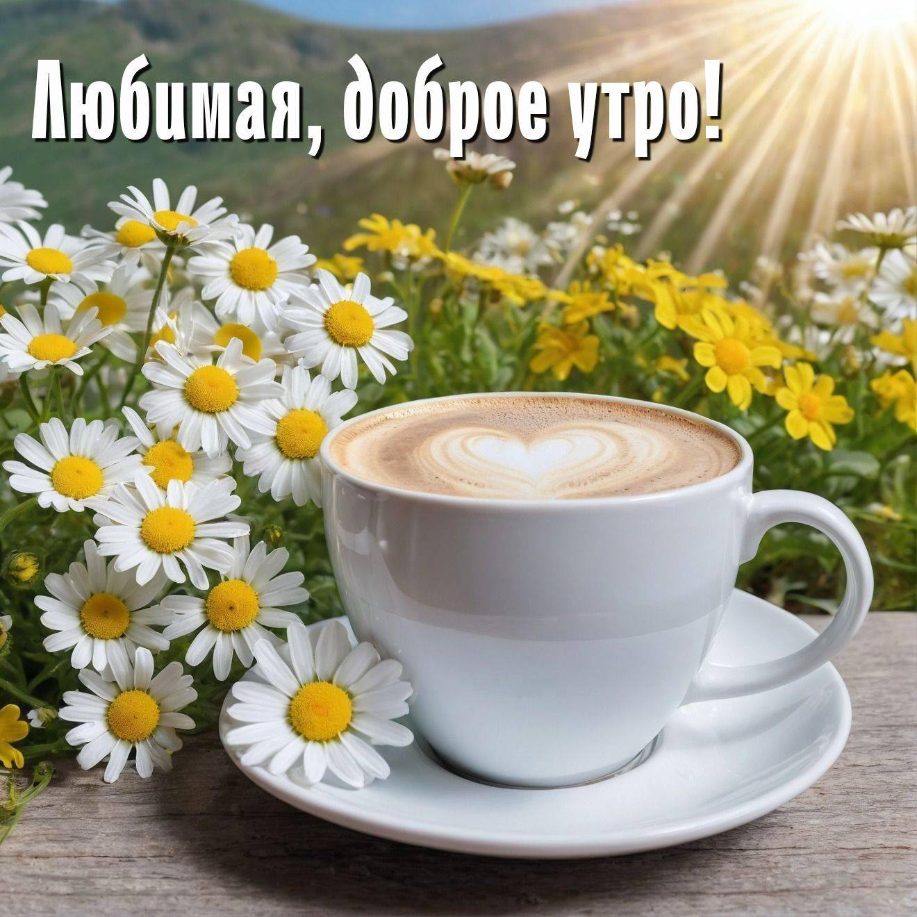 Утро, белая чашка с кофе и рисунком в форме сердца