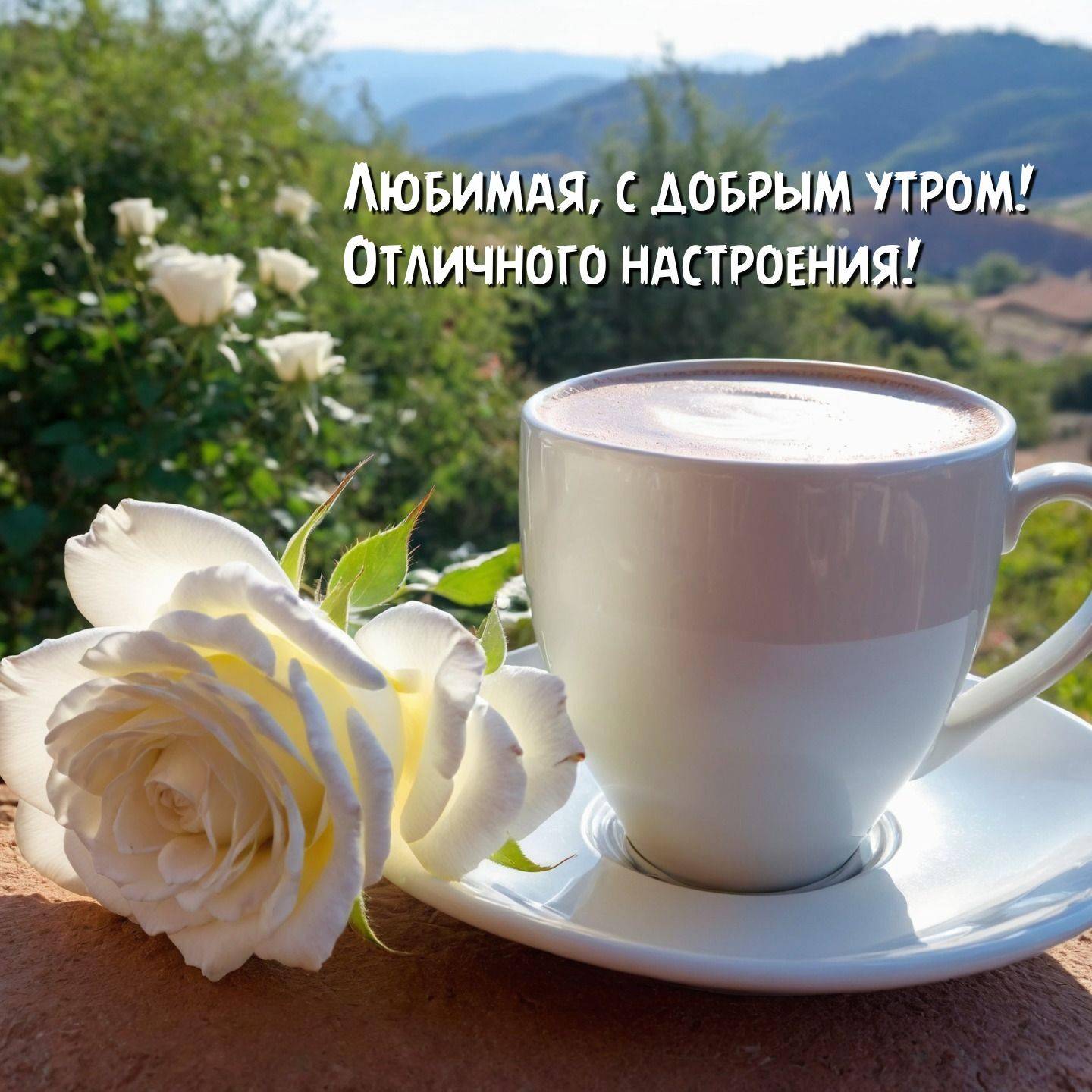 Утро, белая чашка с напитком и белой розой.
