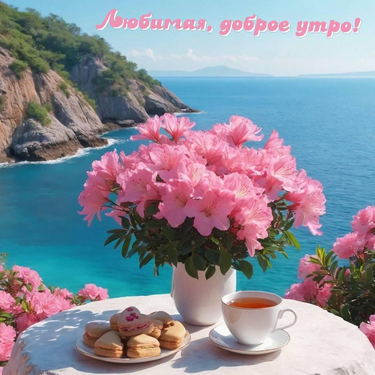 Утро, белая кружка с чаем, тарелка с макарунами и ваза с цветами