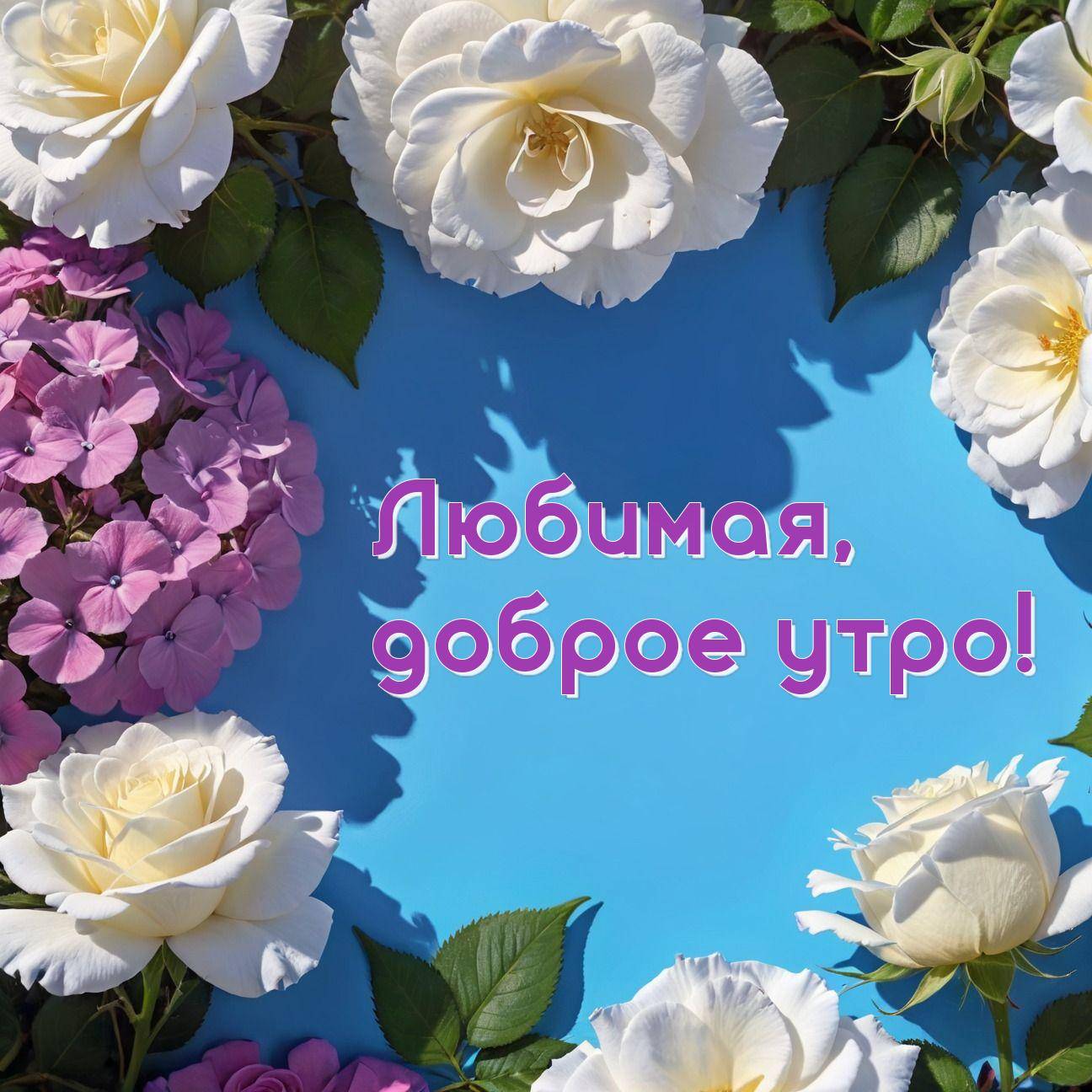 Утро, белые розы и фиолетовые цветы на голубом фоне