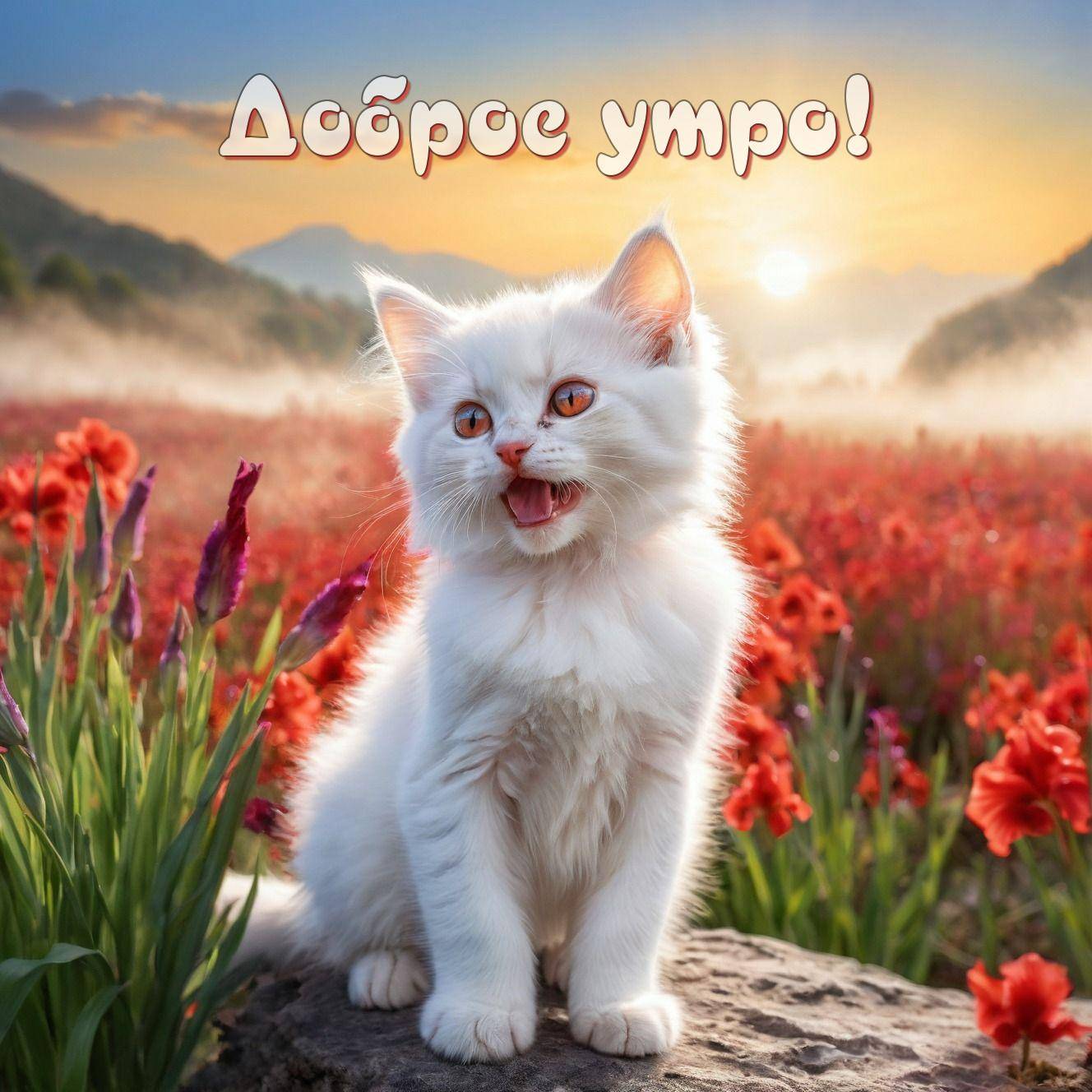 Утро, белый котенок на камне среди красных цветов