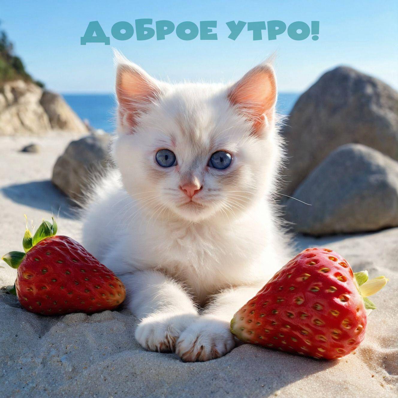 Утро, белый котенок с голубыми глазами и клубникой на пляже