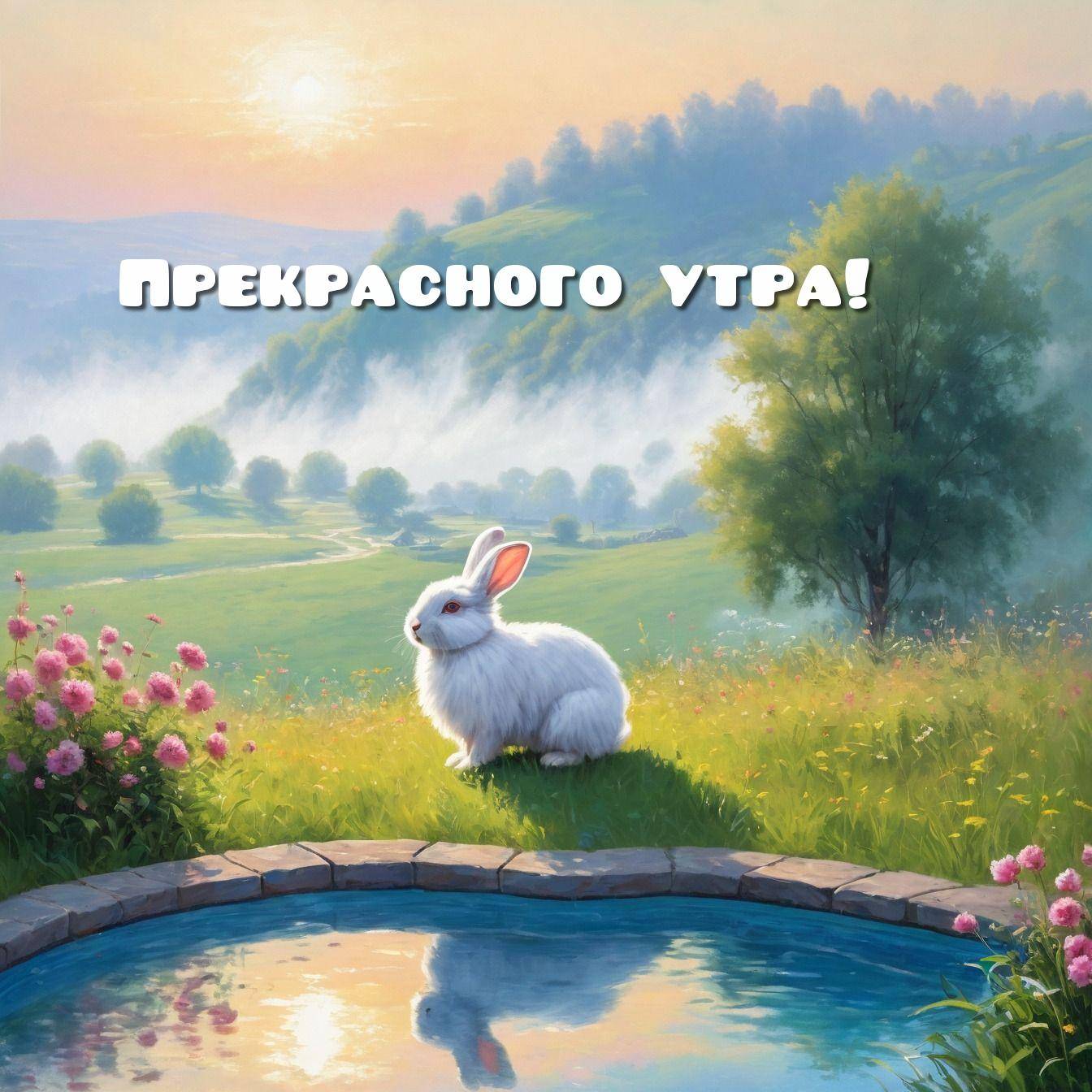 Утро, белый кролик на траве возле круглого пруда