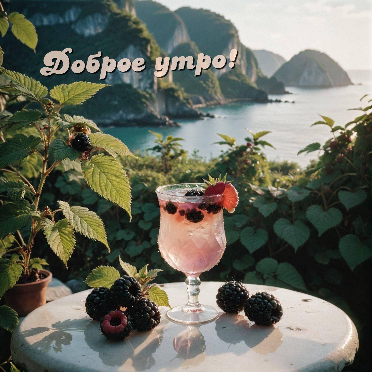 Утро, бокал с напитком и ежевикой на фоне моря