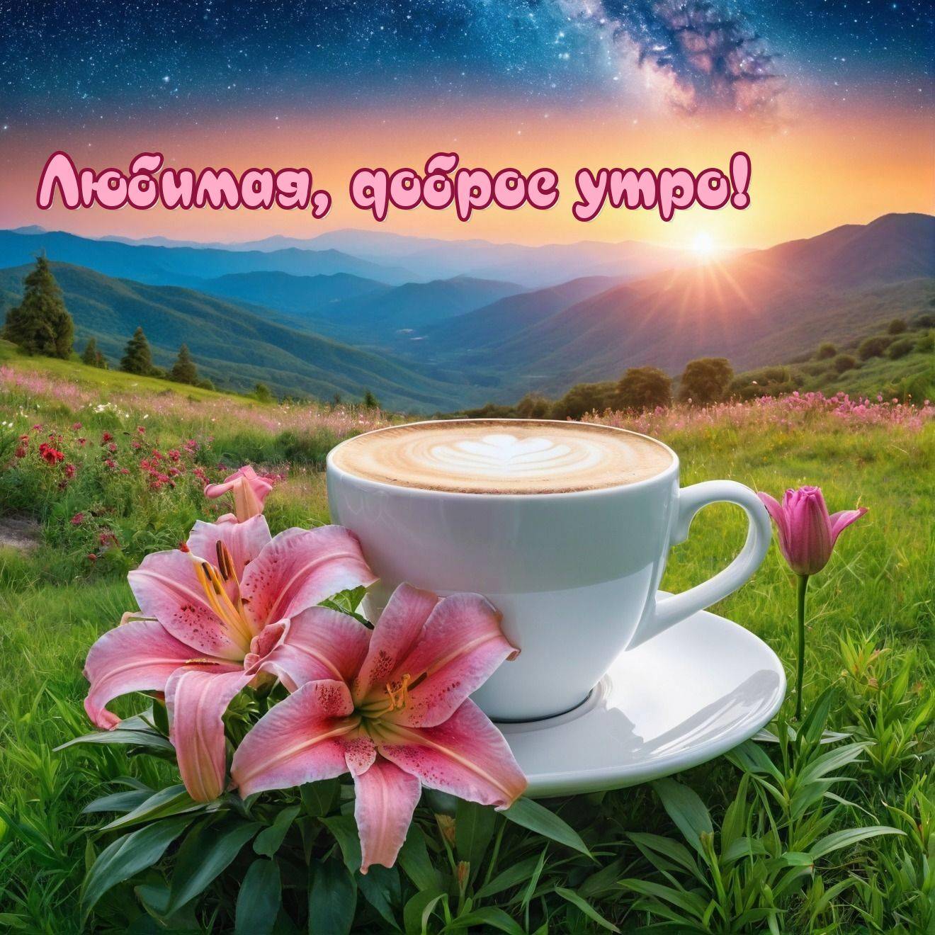 Утро, большая чашка кофе с рисунком из молока, восходом и горами