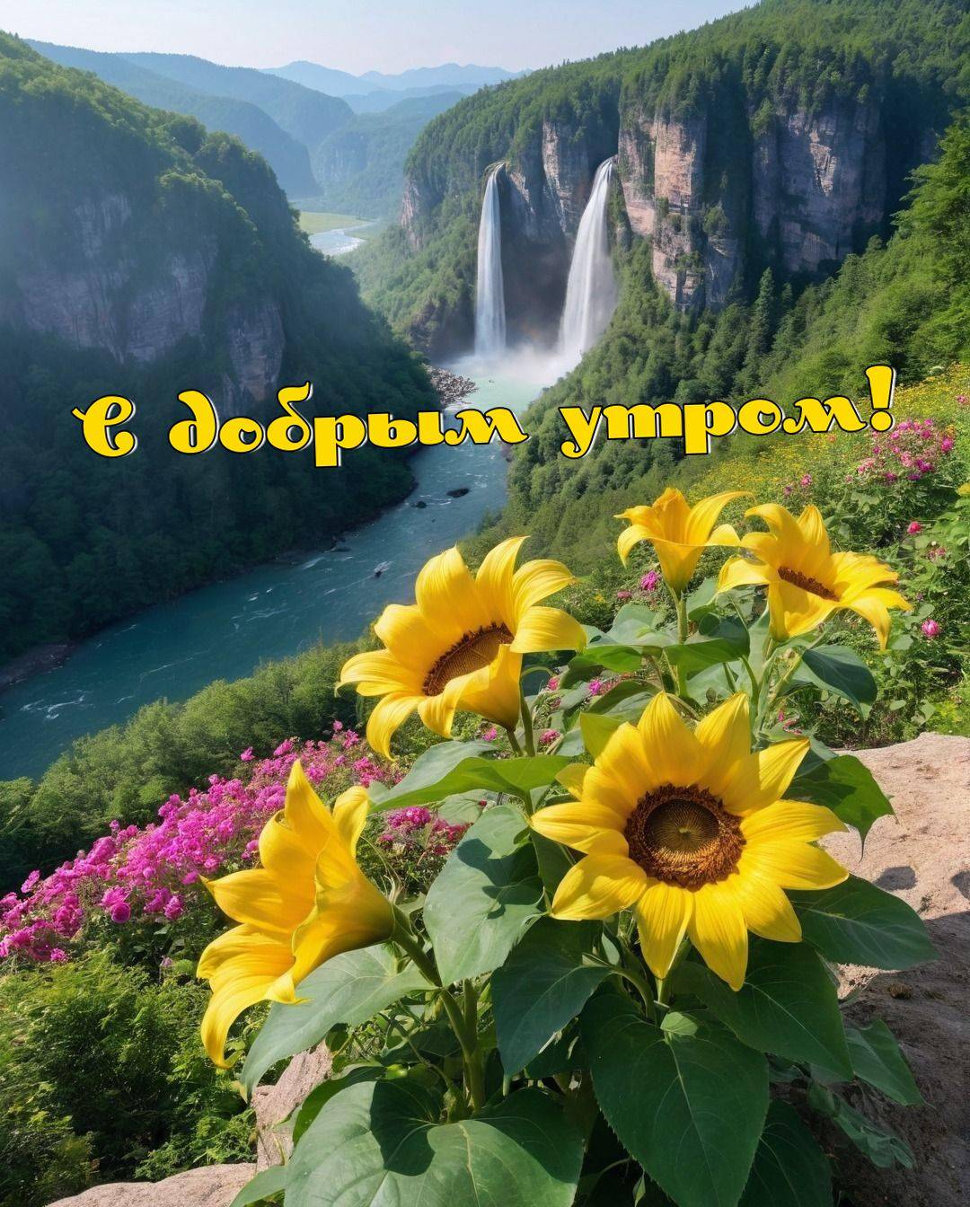 Утро, большие желтые подсолнухи перед рекой и водопадами