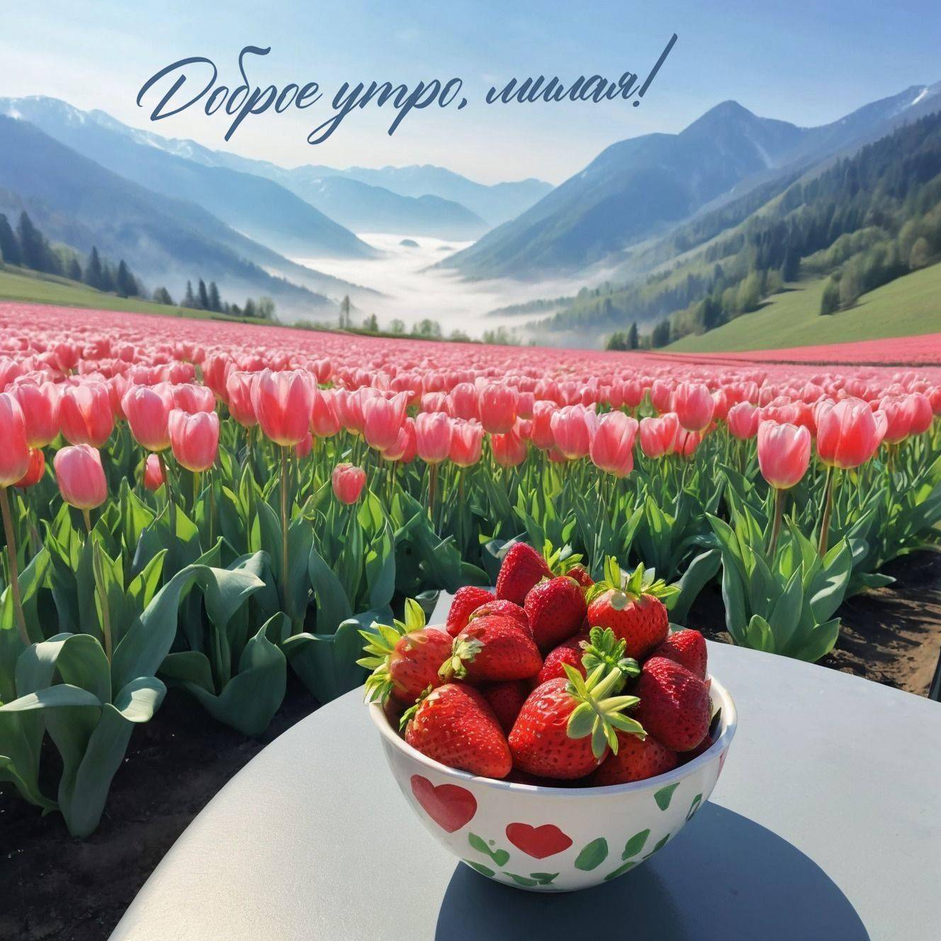 Утро, чаша со свежей клубникой и тюльпаны на фоне гор