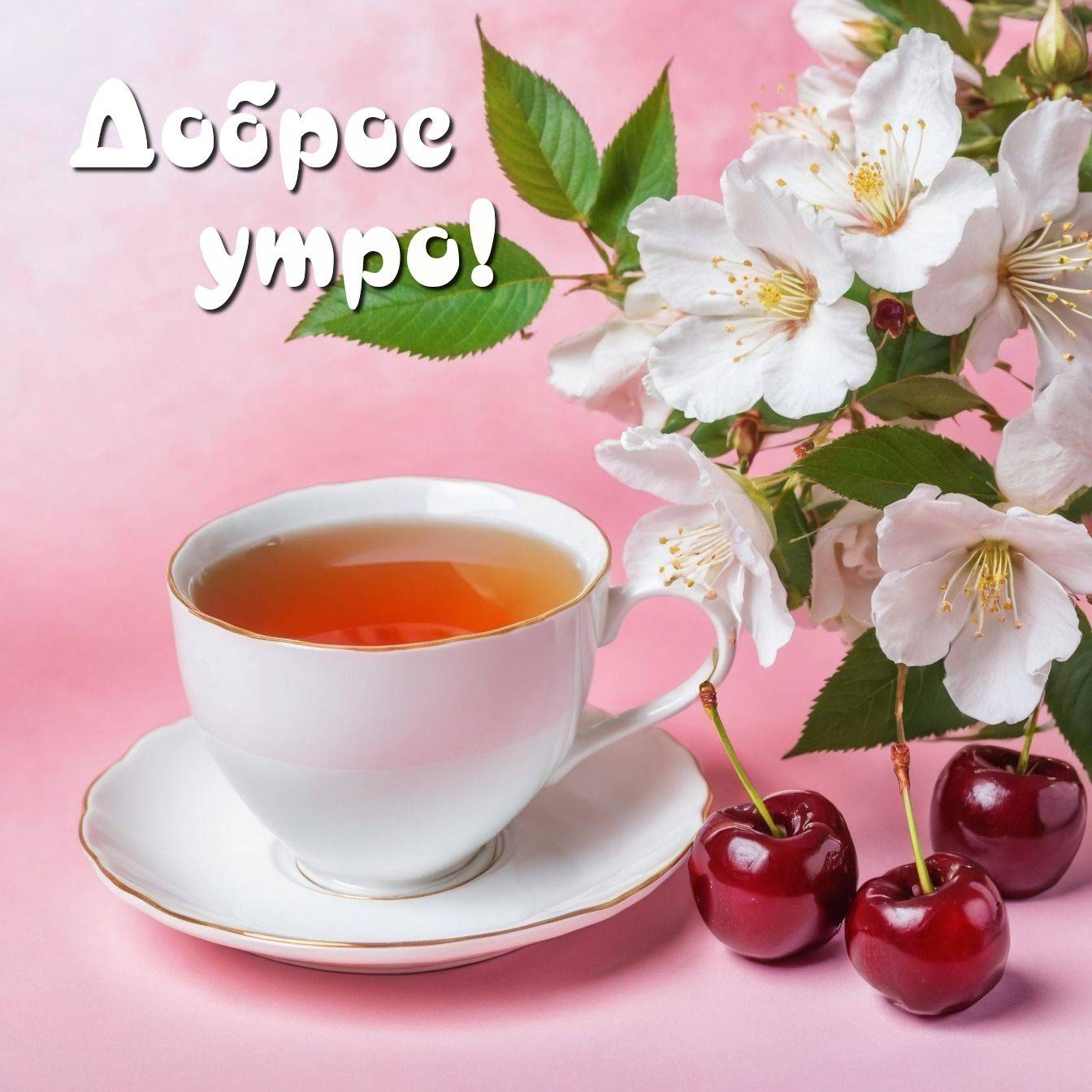 Утро, чашка чая на белом блюдце и ветви с цветами