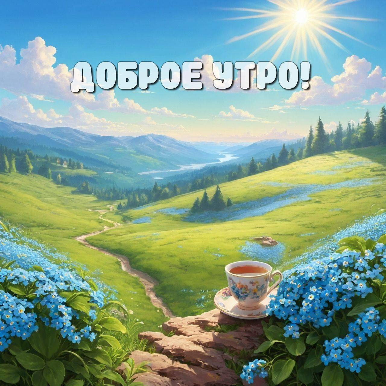 Утро, чашка чая на фоне пейзажа с холмами и цветами