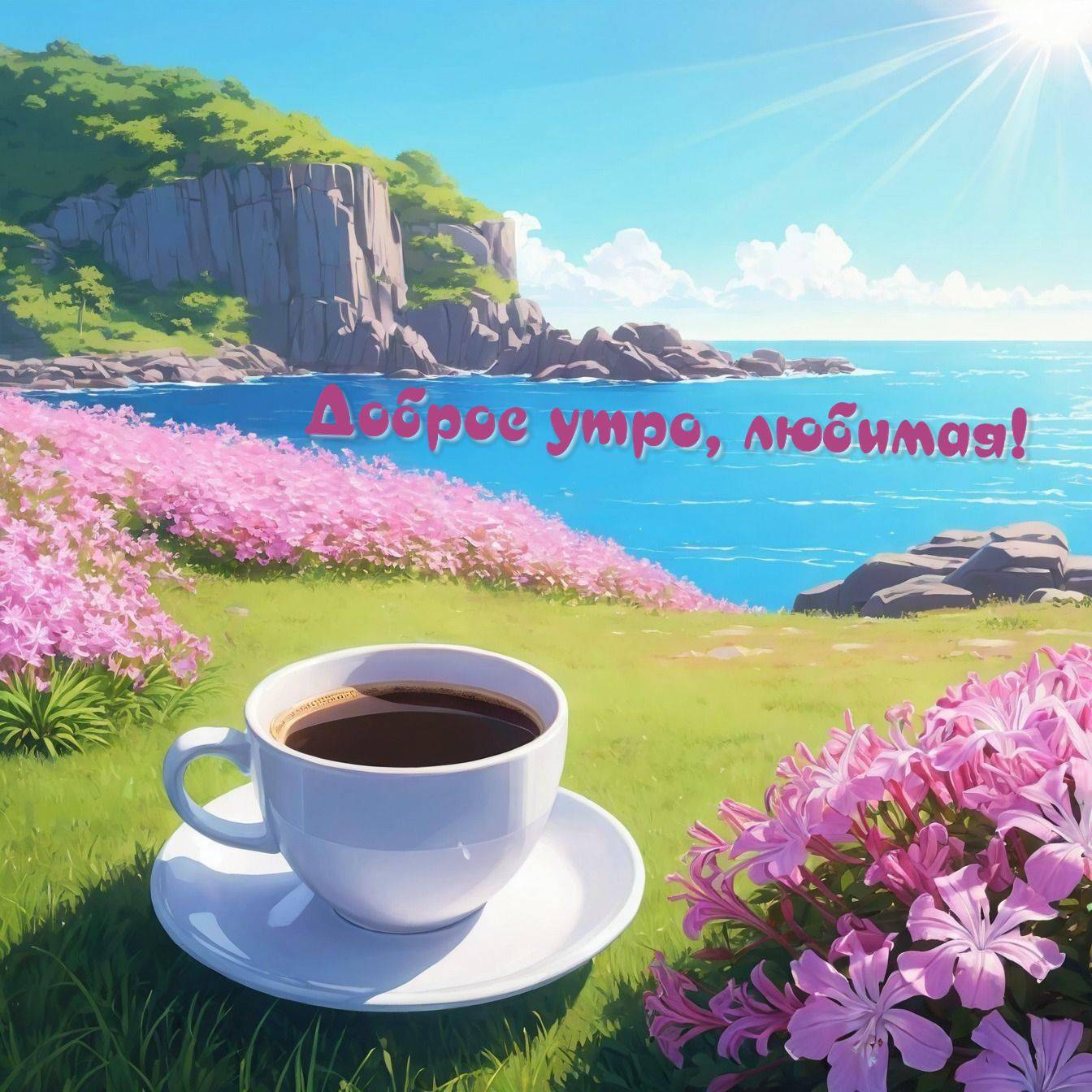 Утро, чашка кофе на траве у моря с цветами