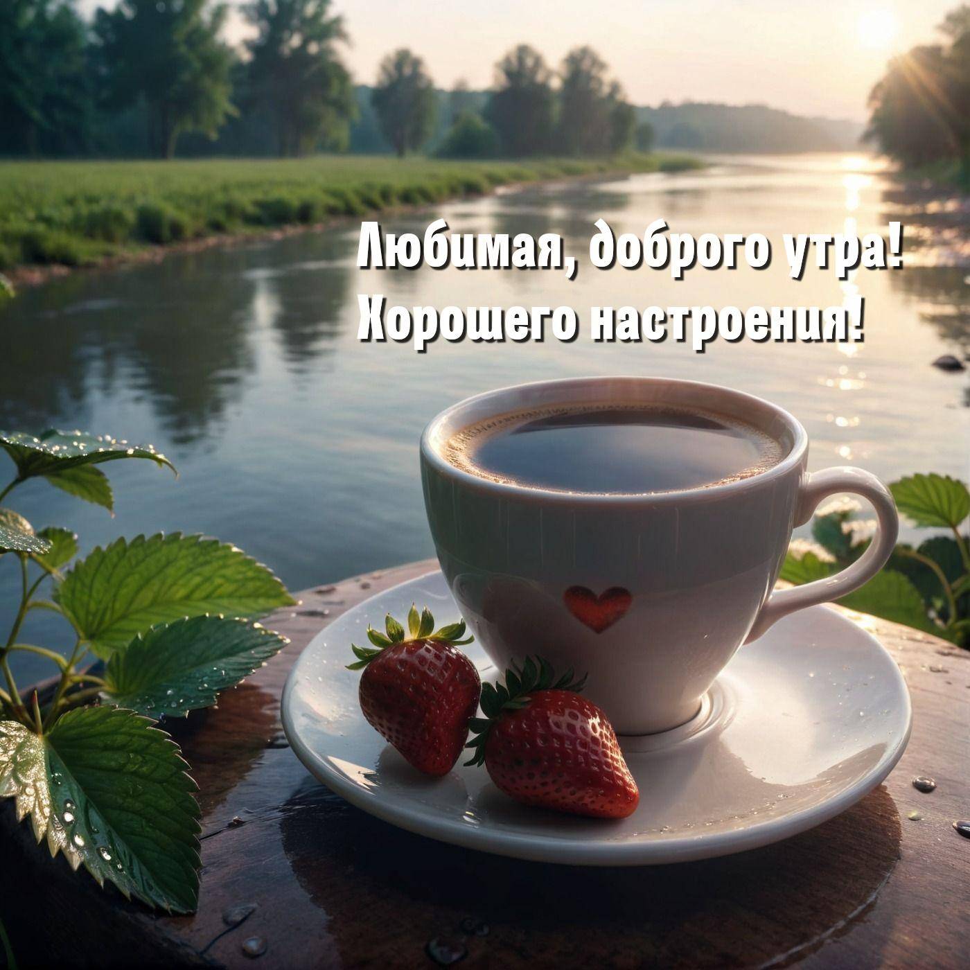 Утро, чашка кофе с клубникой и сердцем на фоне реки