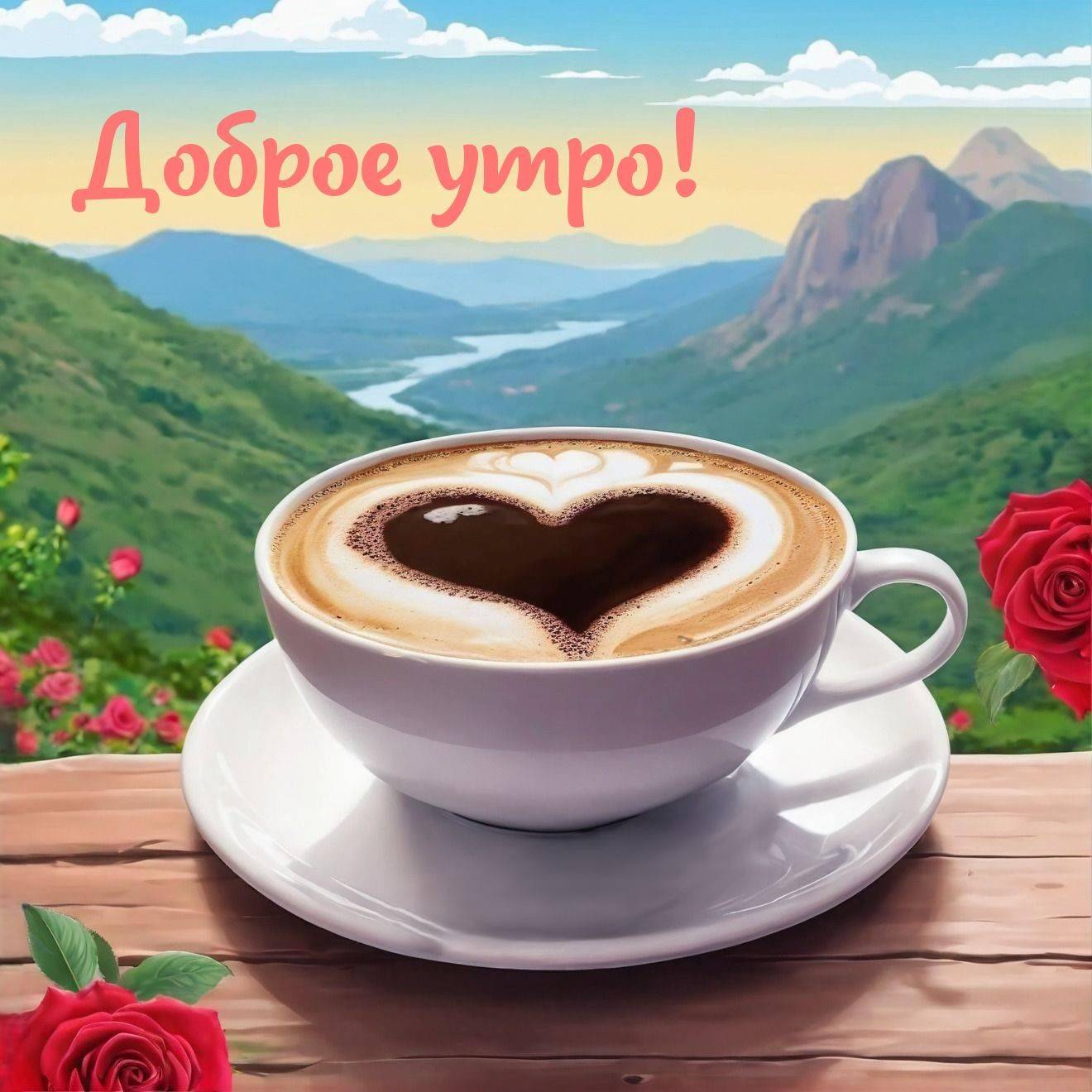 Утро, чашка кофе с сердцем на пенке, розы и пейзаж