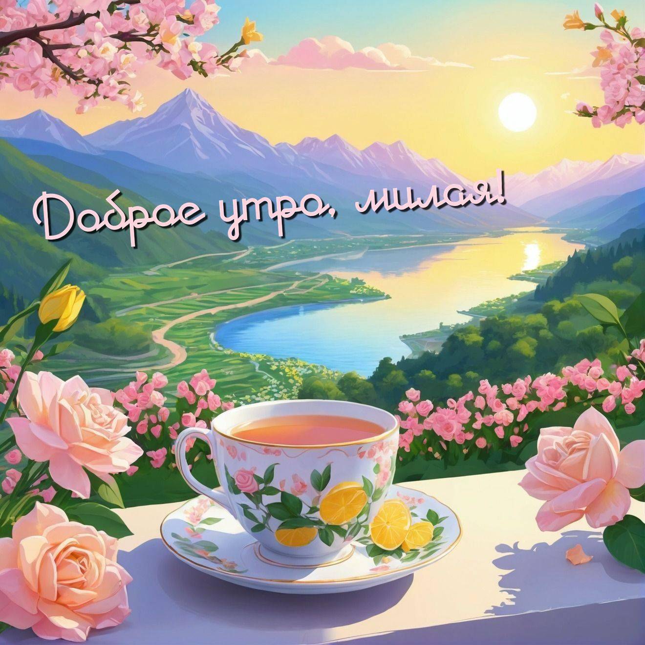 Утро, чашка с чаем и розовыми цветами на фоне озера
