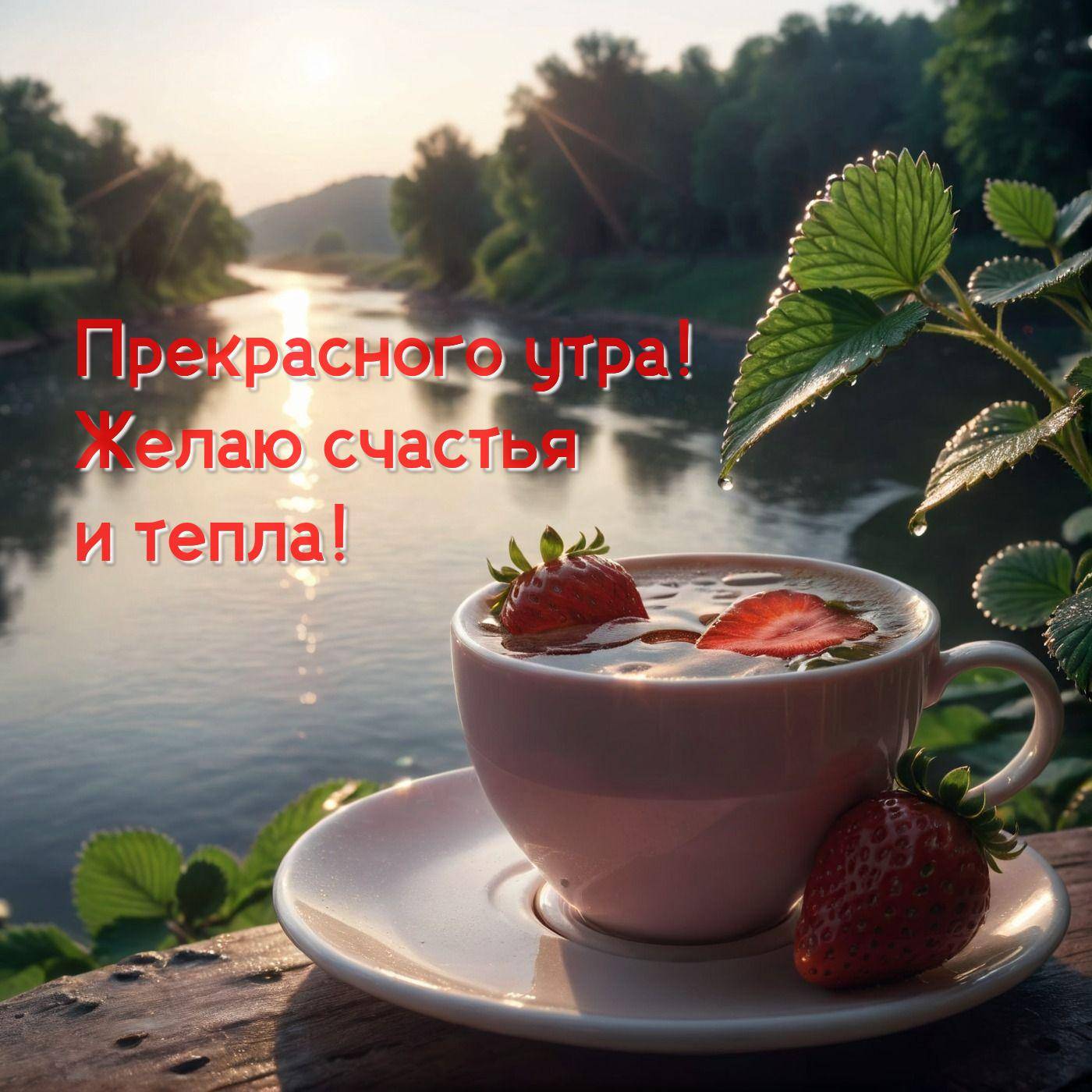 Утро, чашка с клубничным напитком на фоне природы