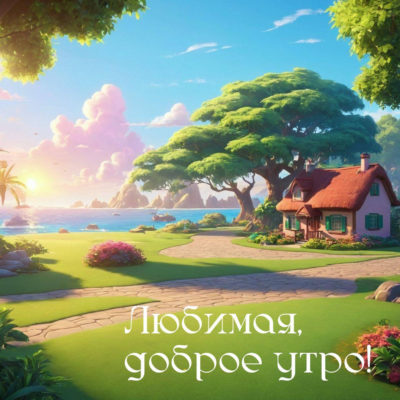 Утро, домик с красной крышей и зелеными ставнями, окруженный цветами