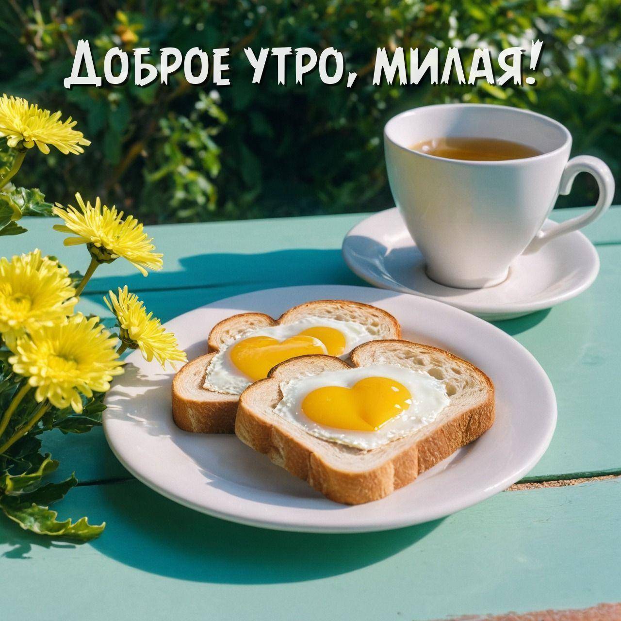 Утро, два тоста с яичницей, чай и цветы на тарелке