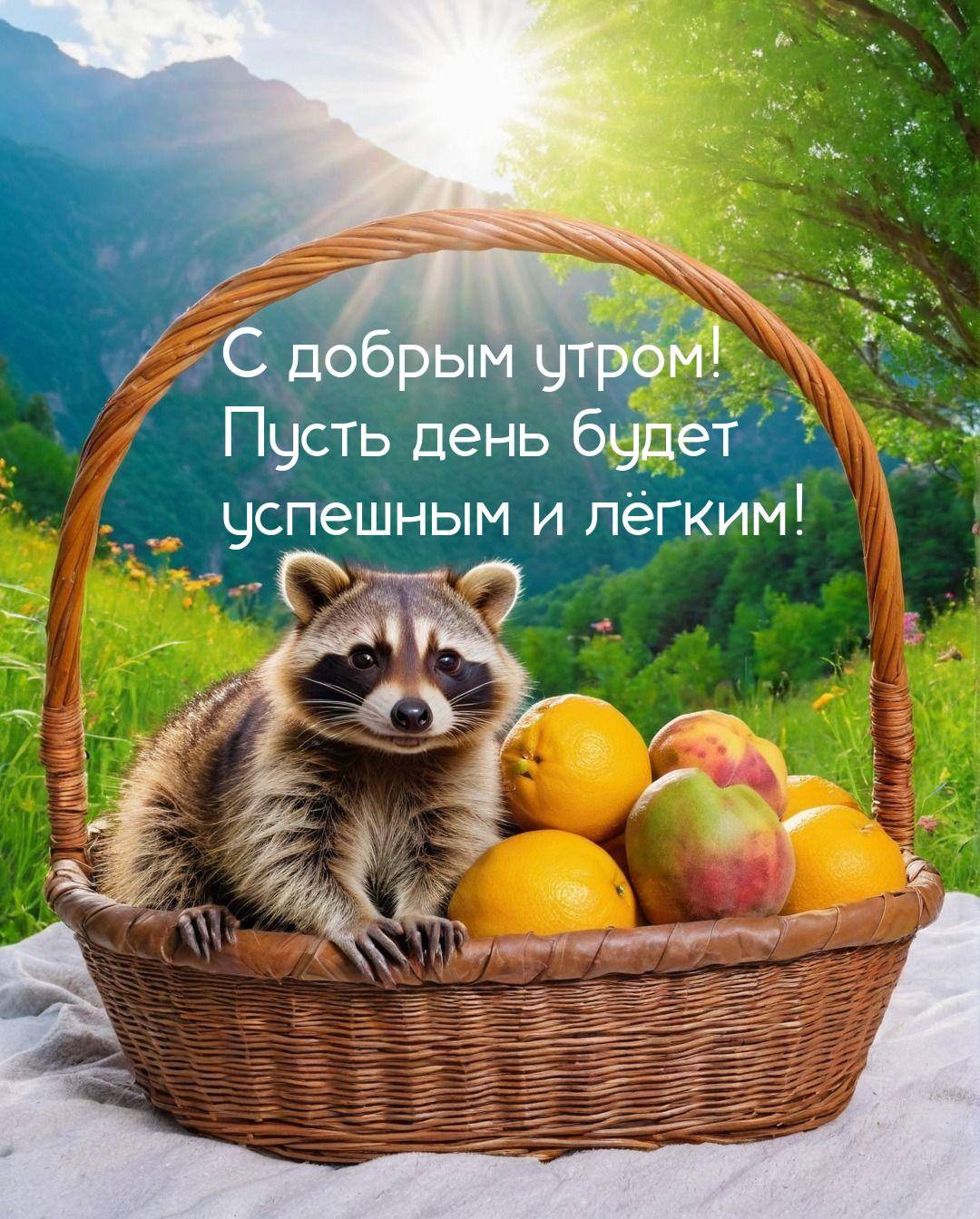 Утро, енот в корзине с фруктами на фоне пейзажа