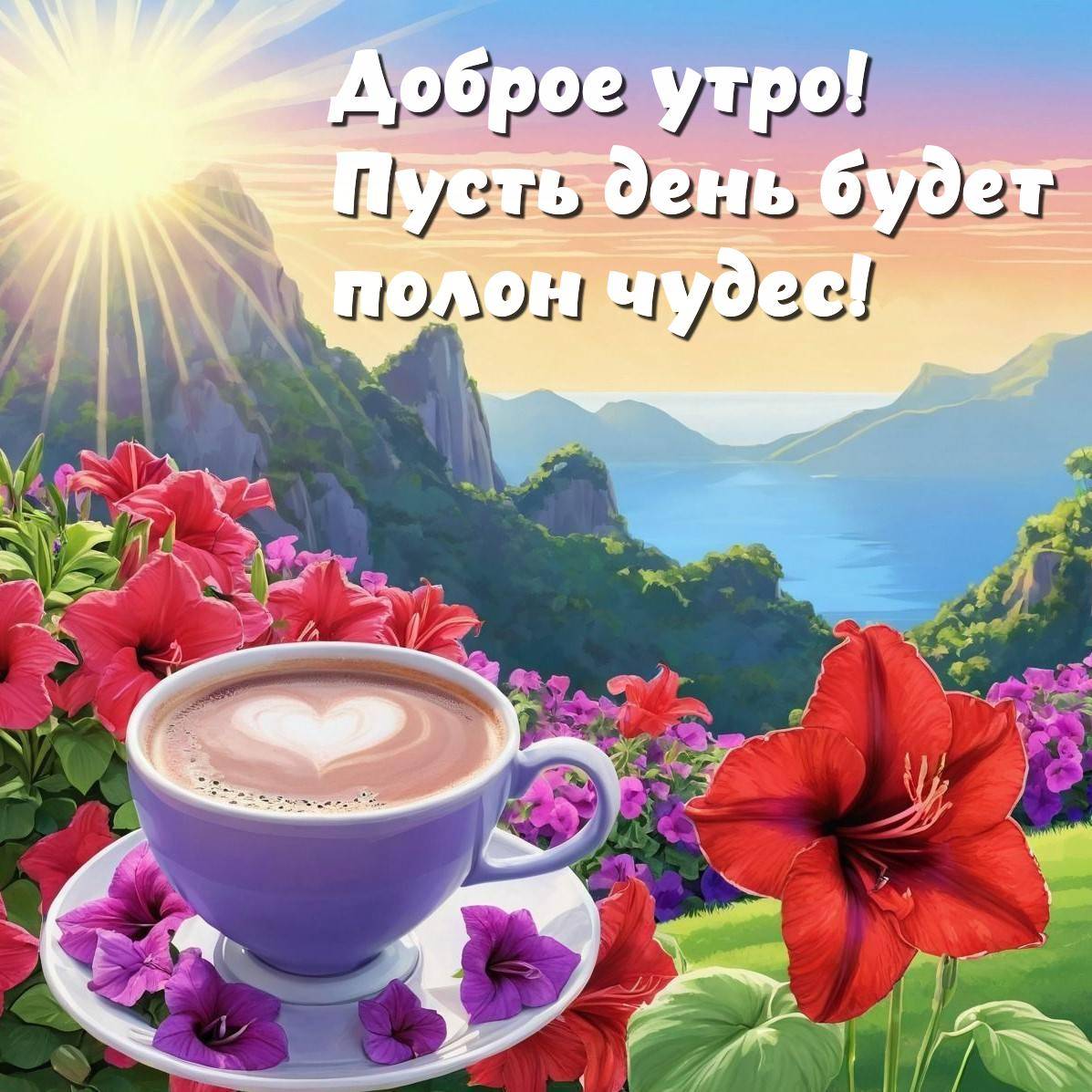 Утро, фиолетовая чашка с сердечком из пены на фоне цветов