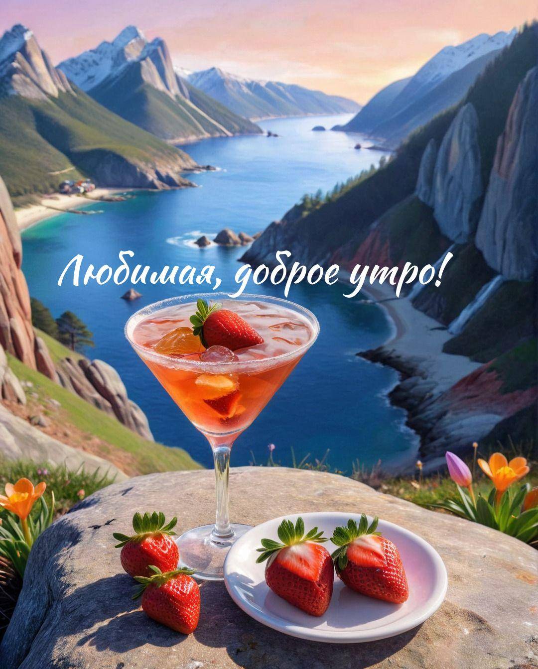 Утро, голубое озеро, горы, бокал с коктейлем и клубникой