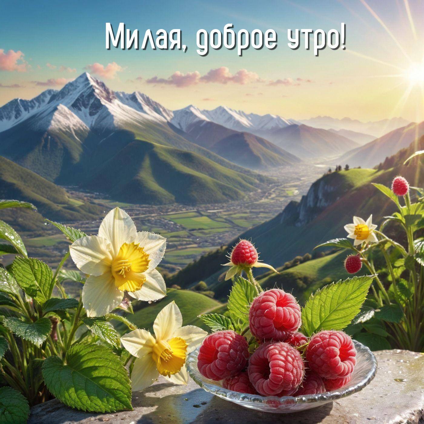 Утро, горный пейзаж с малиновыми ягодами и цветами
