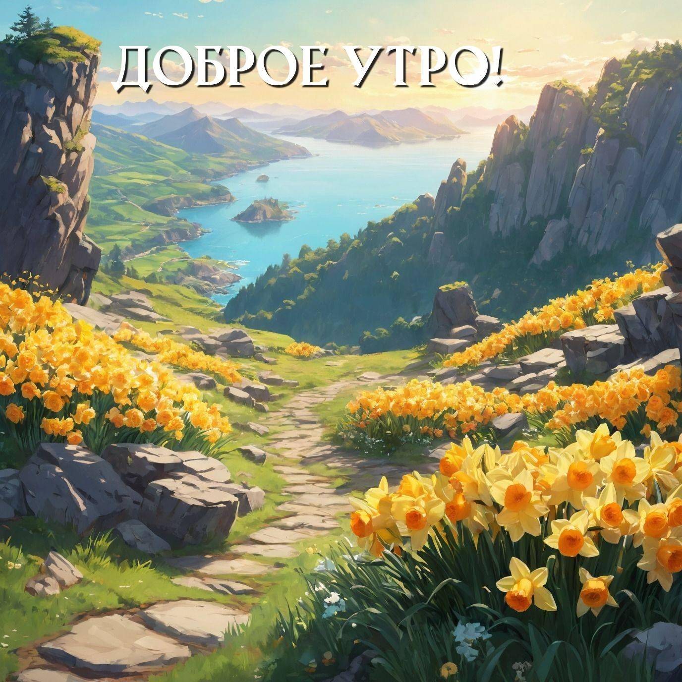 Утро, горный пейзаж с тропинкой и нарциссами