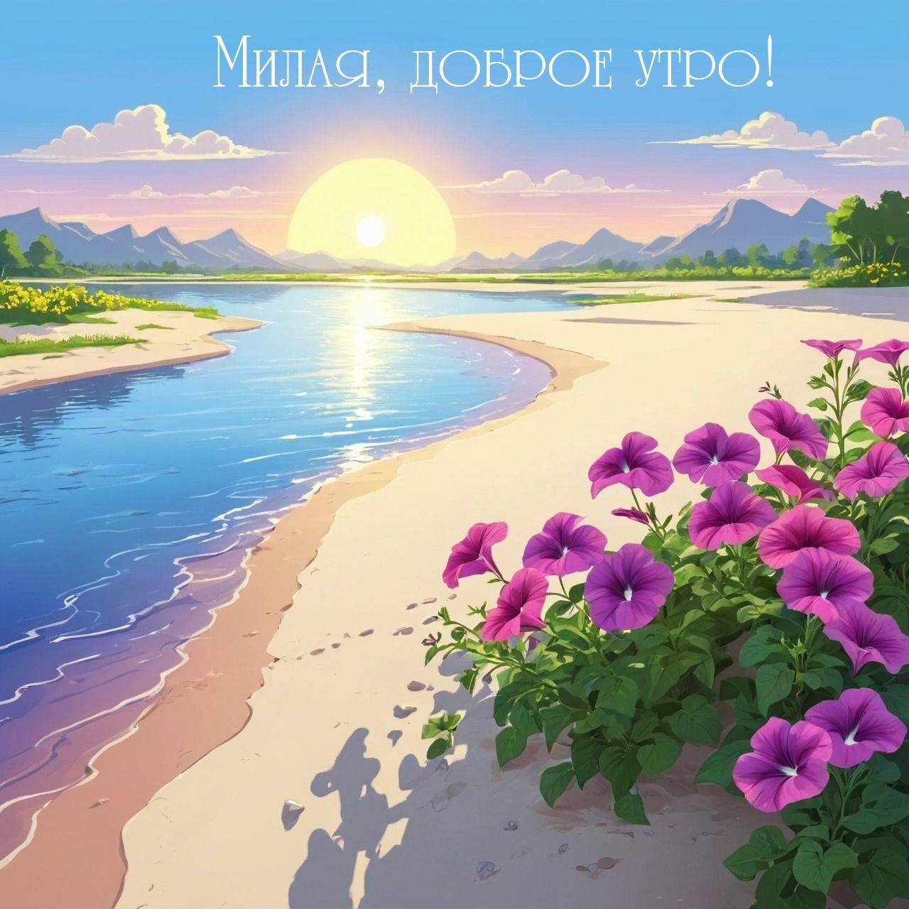 Утро, идиллический пейзаж с закатом и рекой