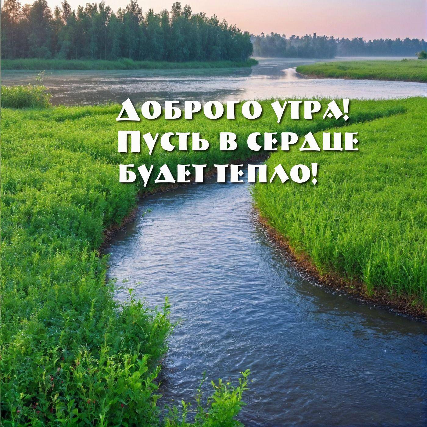Утро, изгиб реки среди зелёных лугов