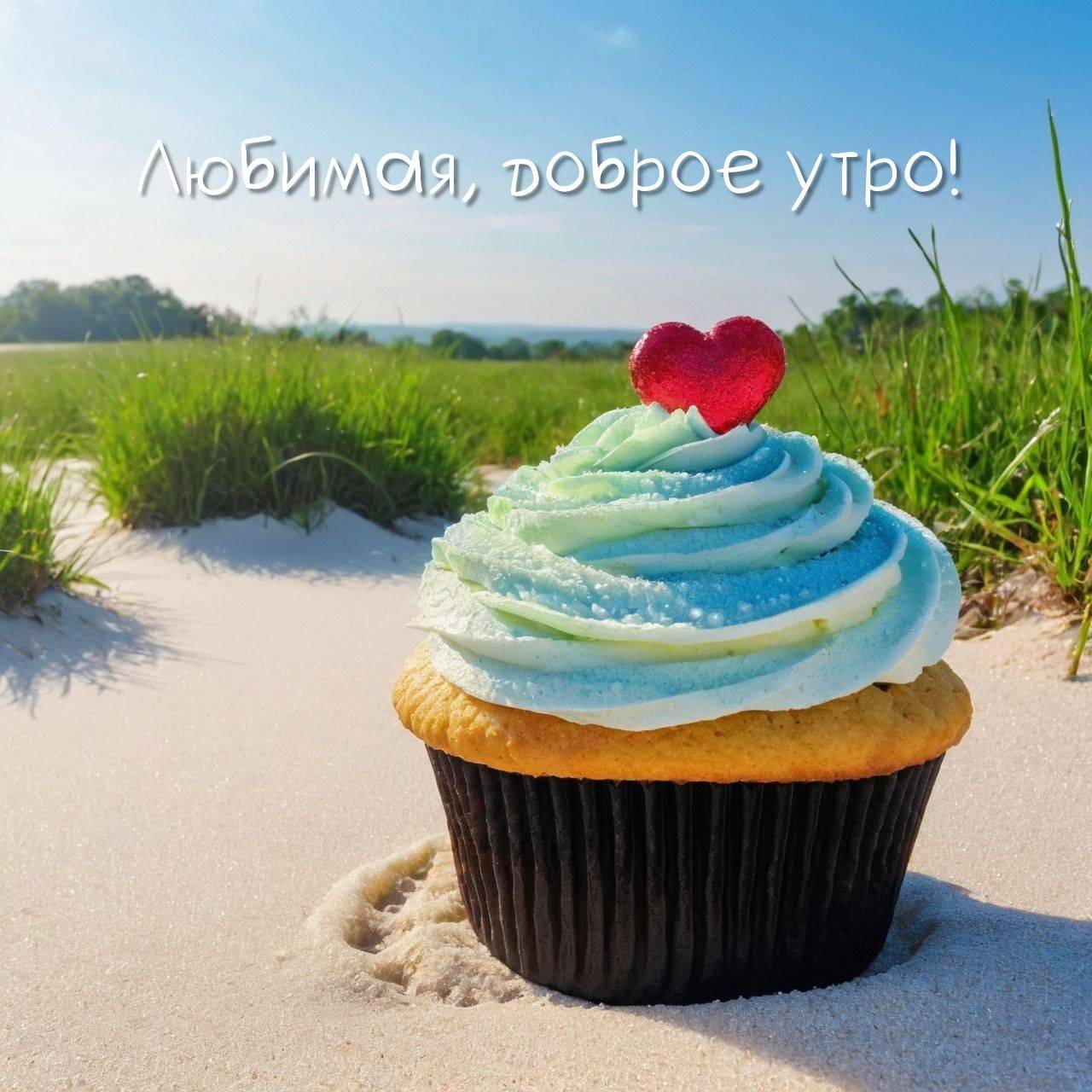 Утро, кекс с голубым кремом и сердечком на вершине
