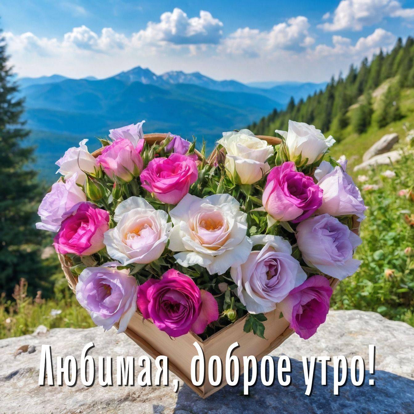 Утро, композиция из цветов на фоне гор
