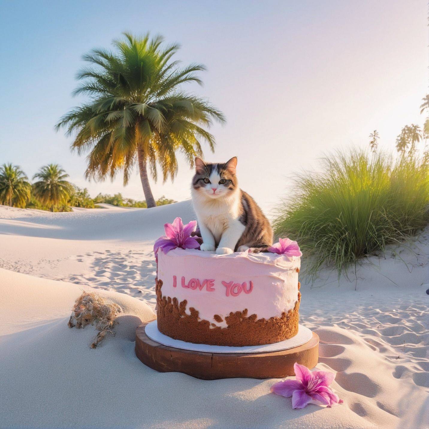 Утро, кошка на розовом торте с надписью I LOVE YOU