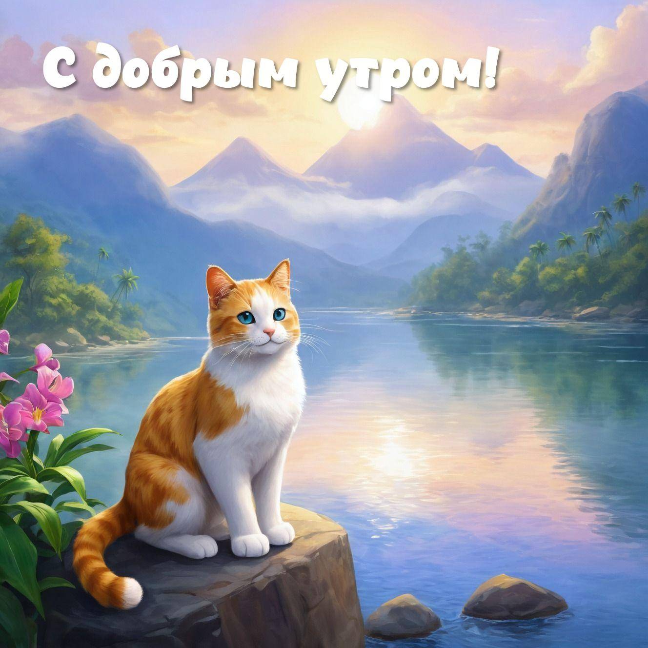 Утро, кот на камне у водоёма, на фоне гор.