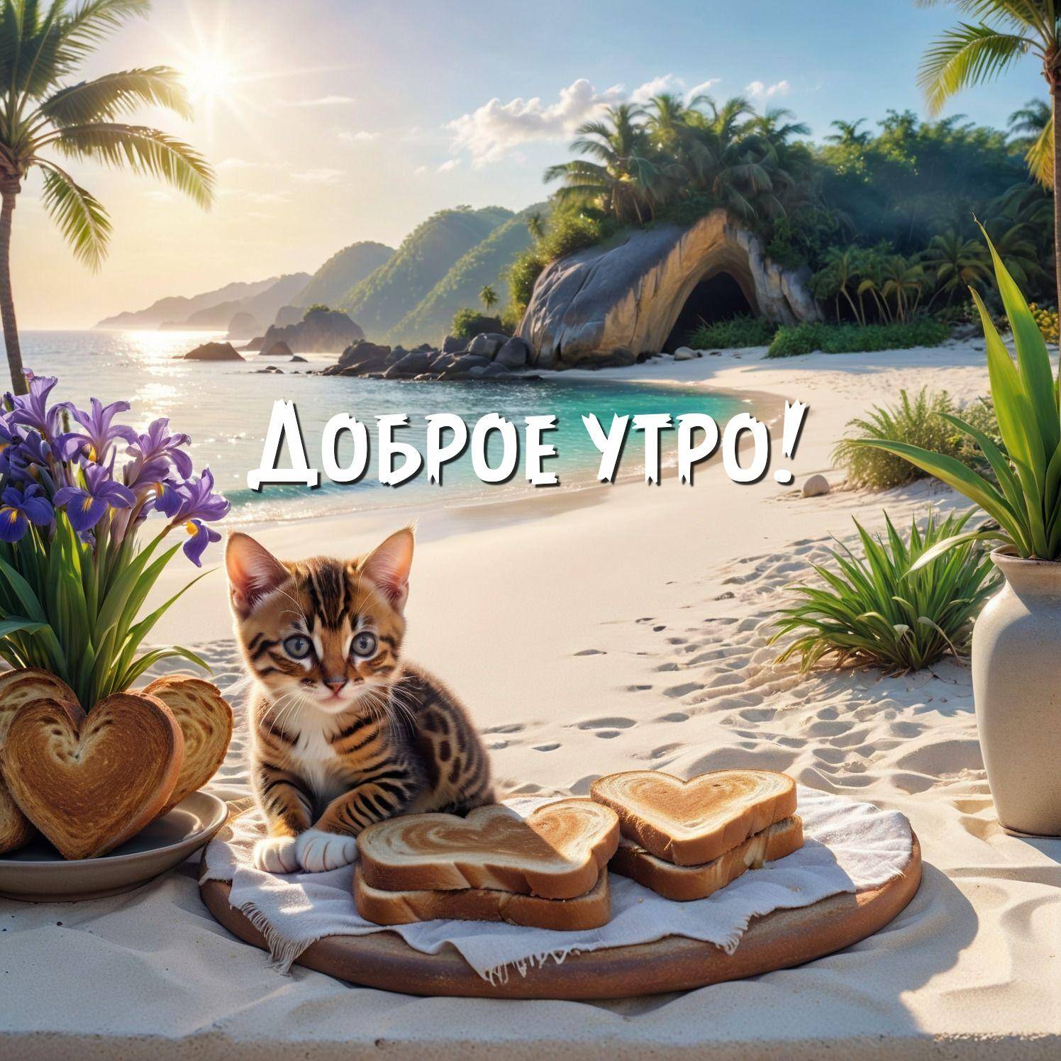 Утро, котенок на пляже с сердечками из хлеба