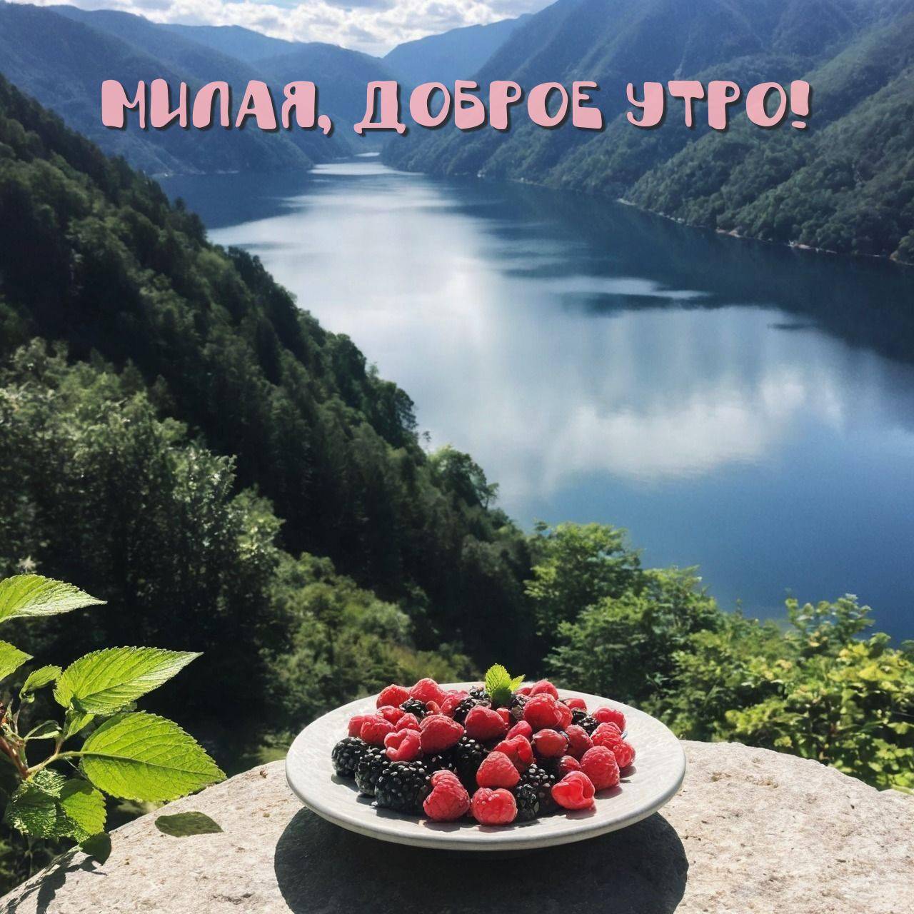Утро, красивая природа: озеро, ягоды и горы