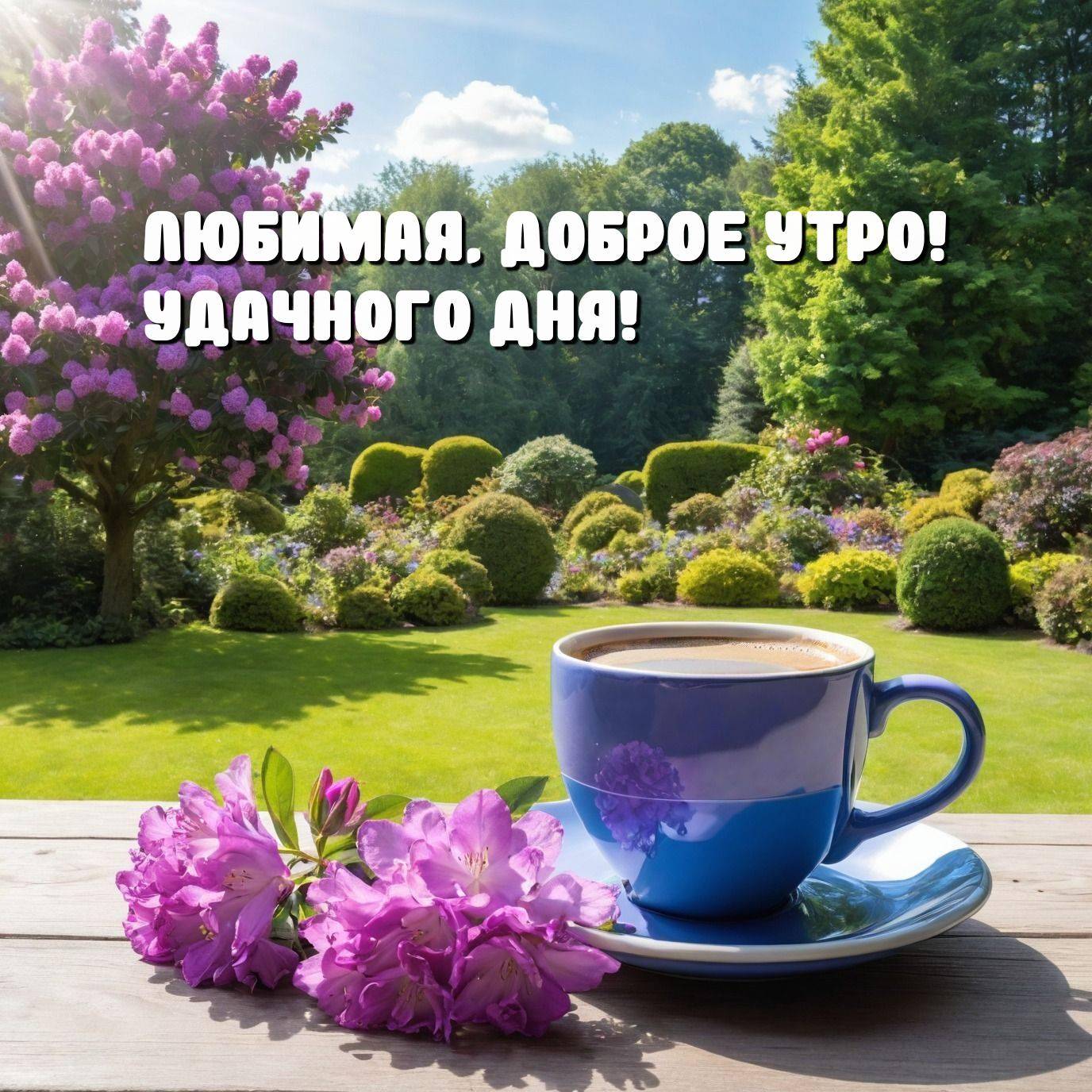 Утро, красивая садовая лужайка с цветущими кустами