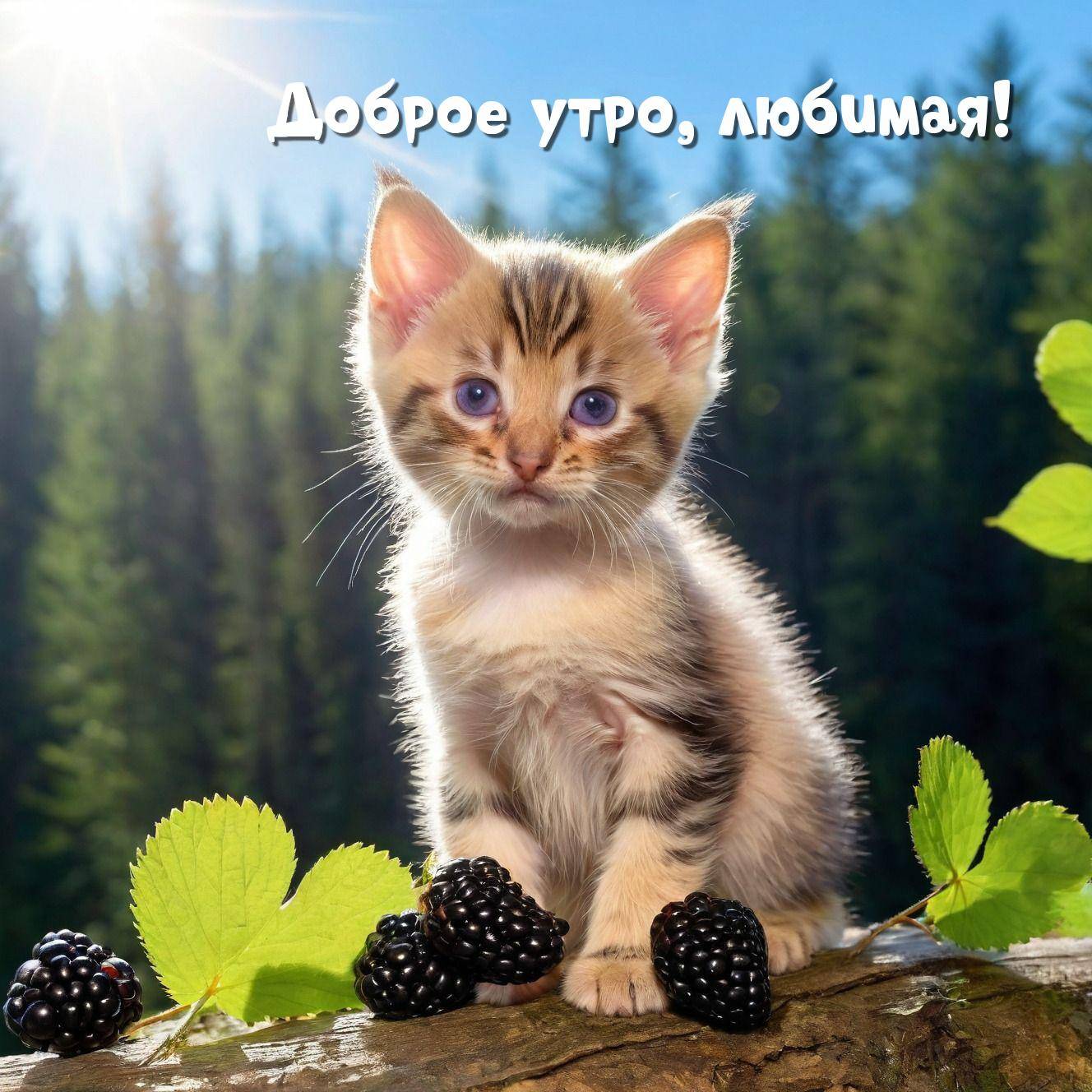 Утро, красивый котёнок с голубыми глазами рядом с ягодами