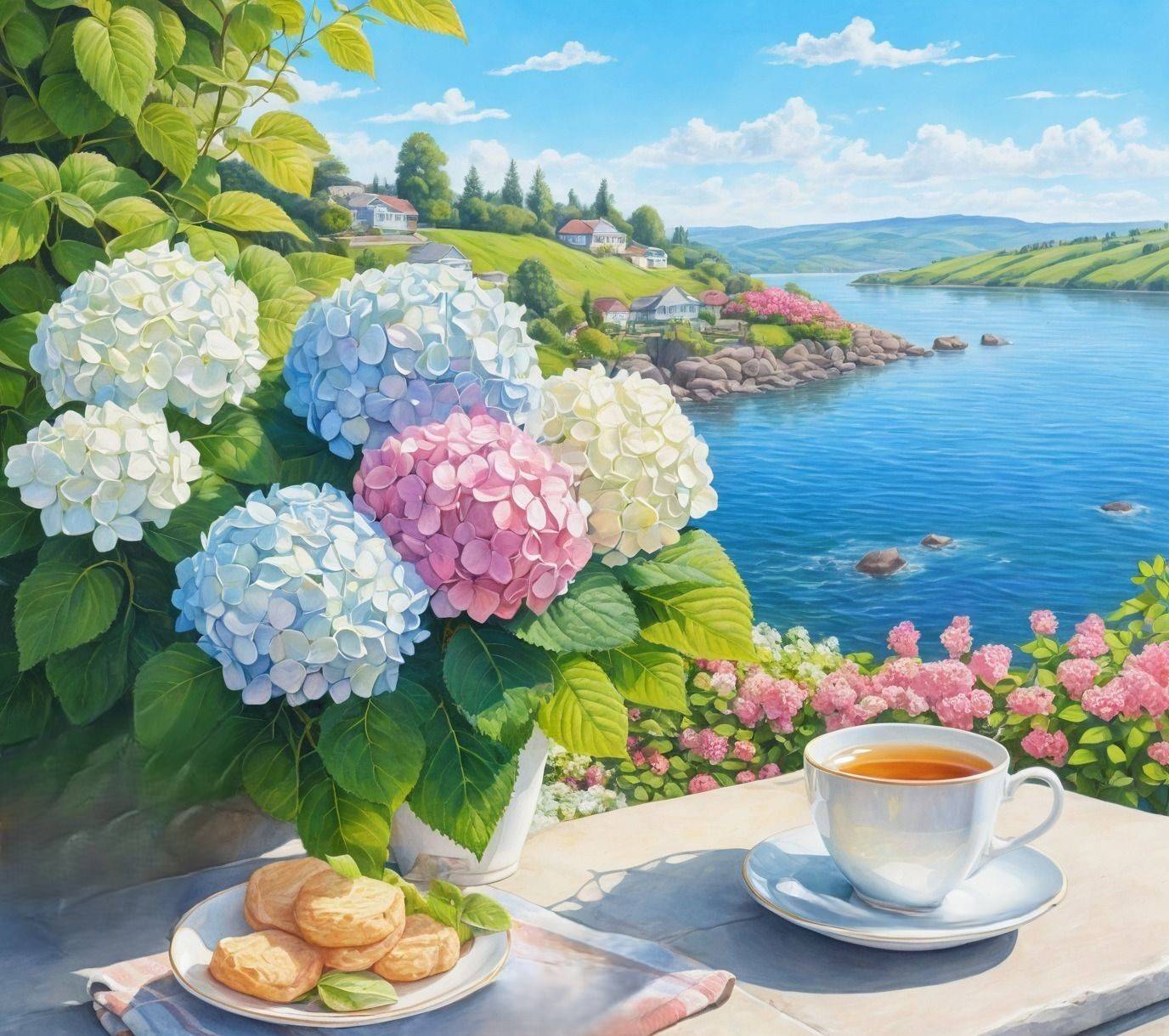 Утро, красивый пейзаж с рекой, цветы и чай