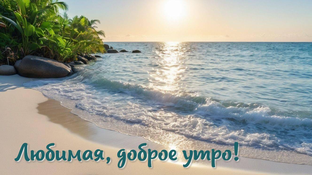 Утро, красивый пляж с белым песком