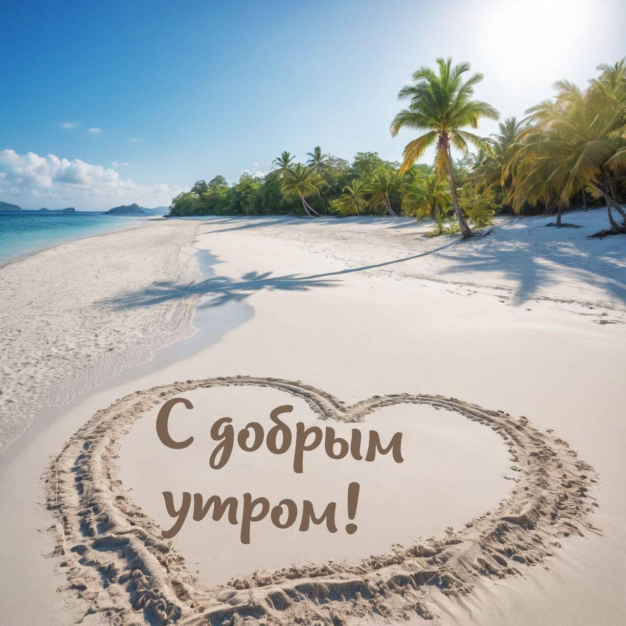 Утро, красивый пляж с белым песком, пальмы и сердце на песке