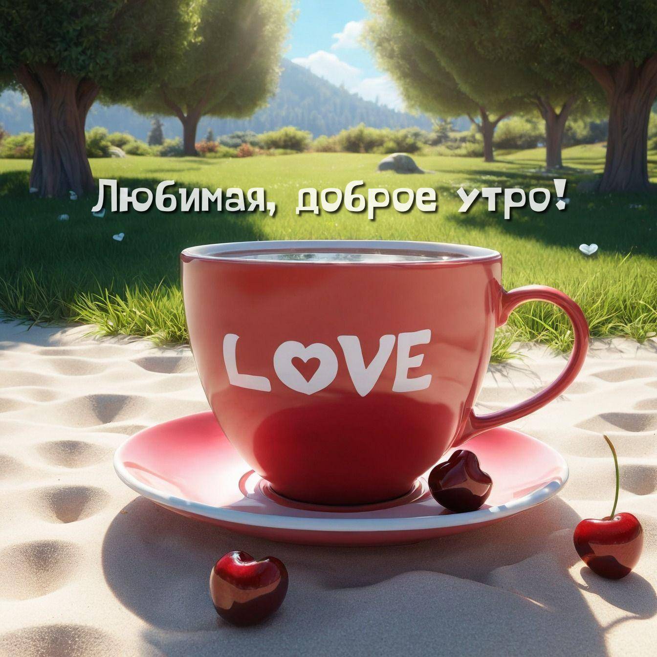 Утро, красная чашка с блюдцем, на которой написано LOVE