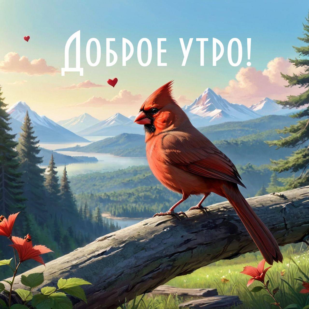 Утро, красная птица на бревне на фоне гор