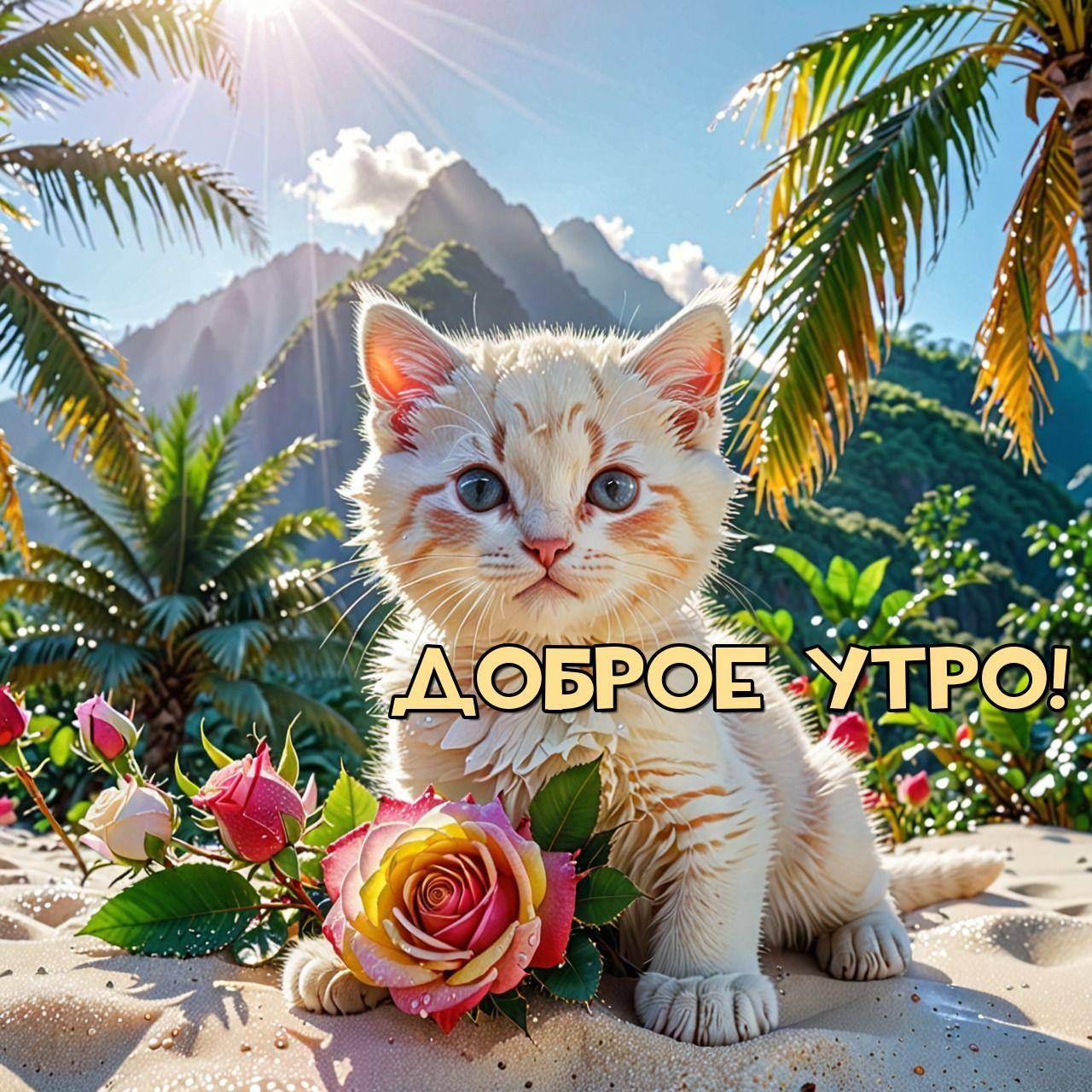 Утро, кремовый котёнок с голубыми глазами среди роз на песке