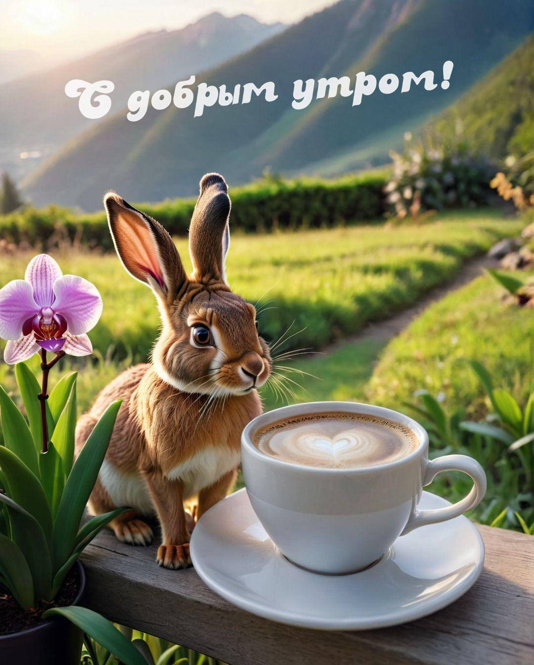 Утро, кролик рядом с чашкой кофе и орхидеей
