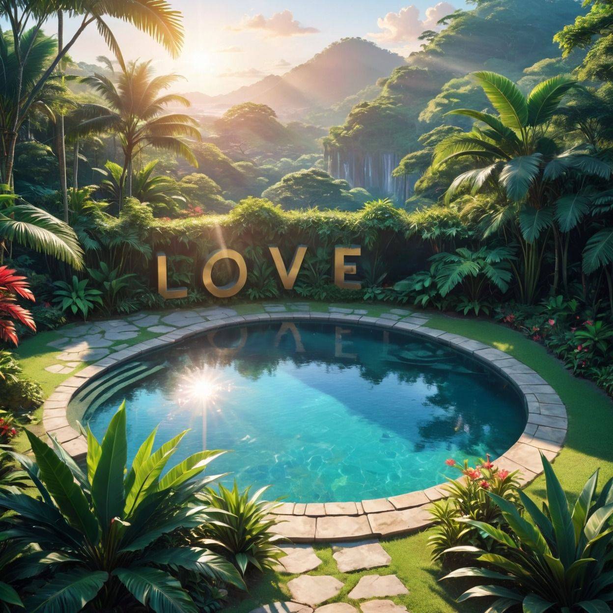 Утро, круглый бассейн с буквами LOVE и пальмами