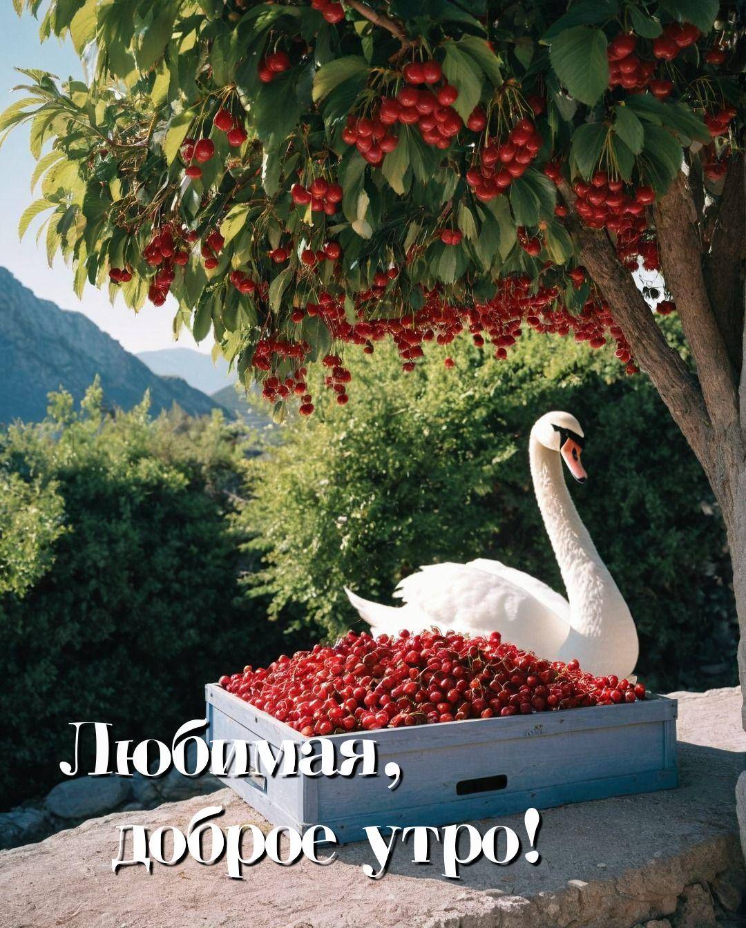 Утро, лебедь у ящика с вишней на фоне кустов и гор