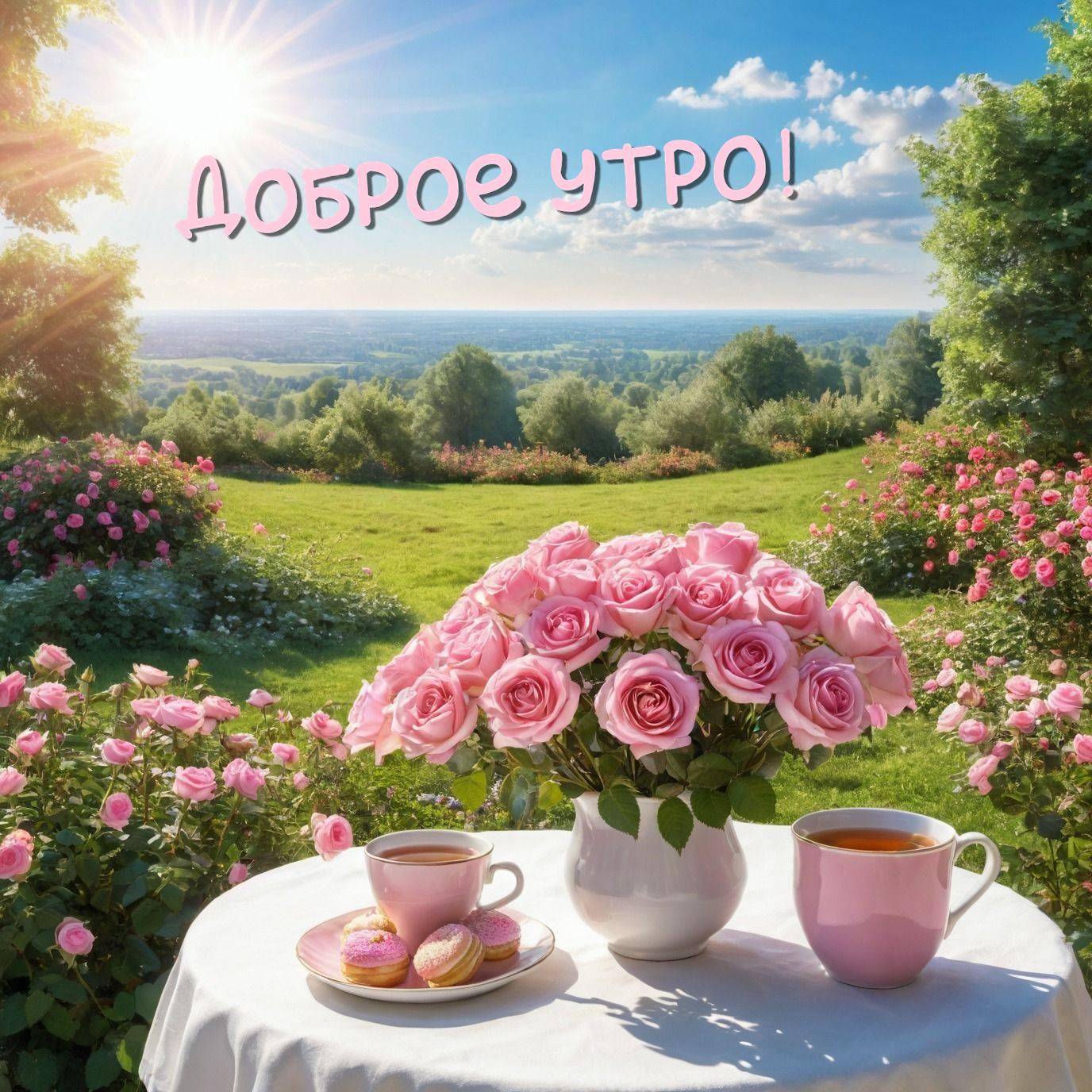 Утро, летний день в саду, круглый стол с розами