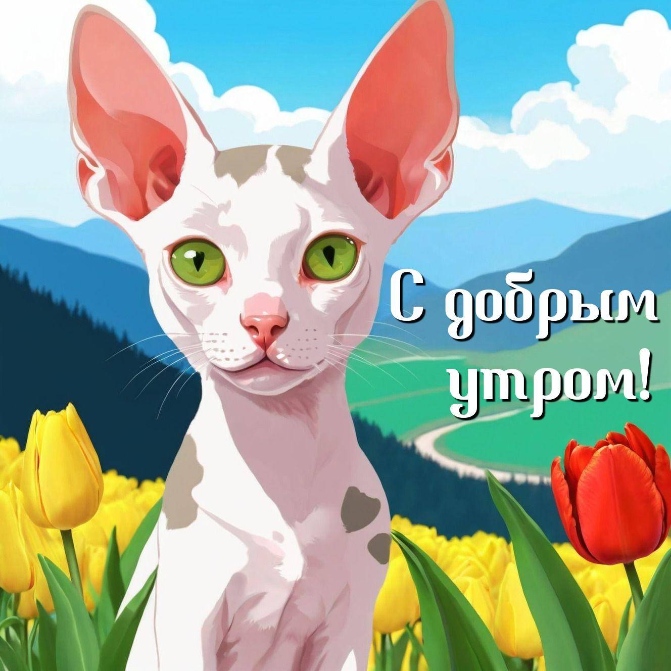 Утро, лысая кошка на фоне поля тюльпанов